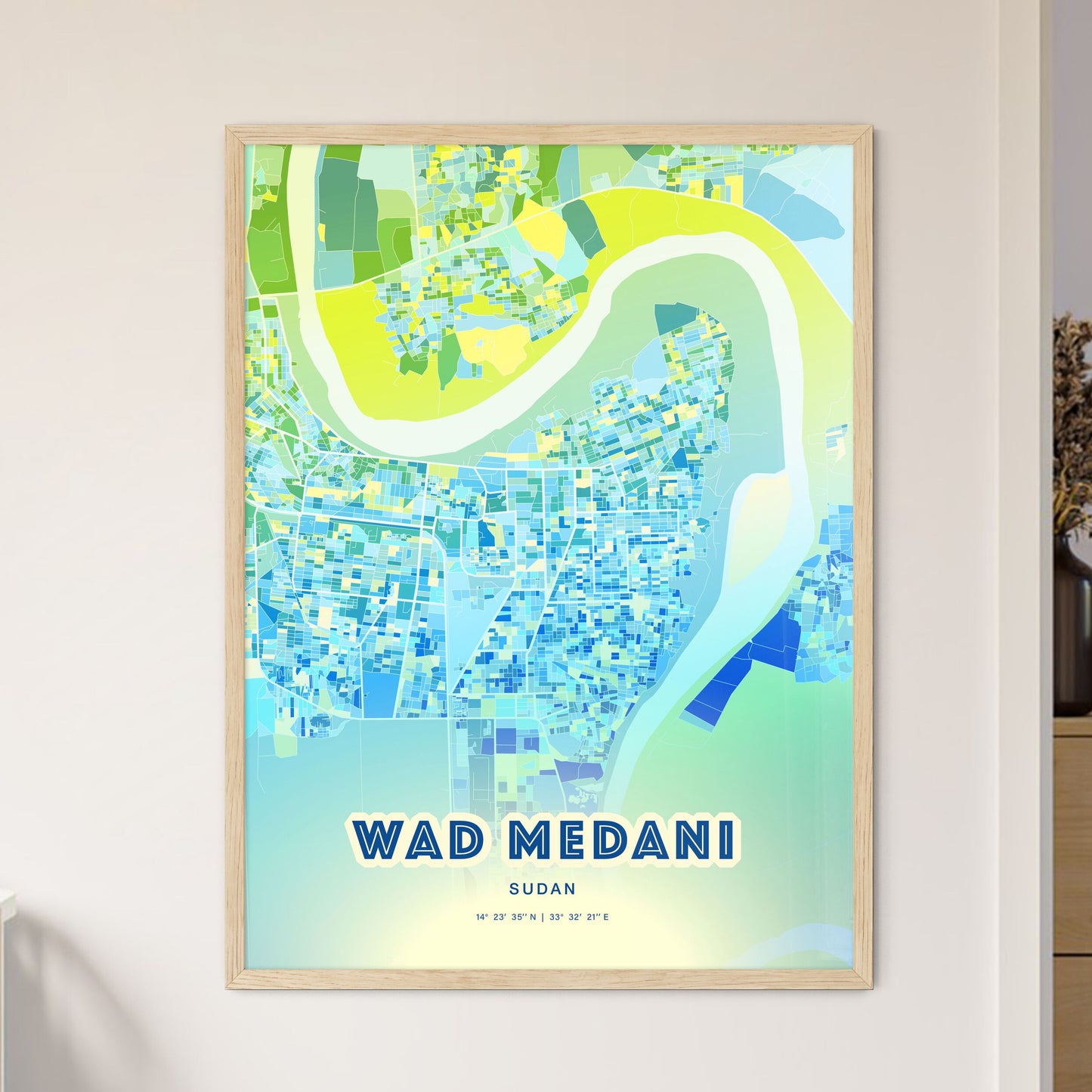 Colorful WAD MEDANI SUDAN Fine Art Map Cool Blue