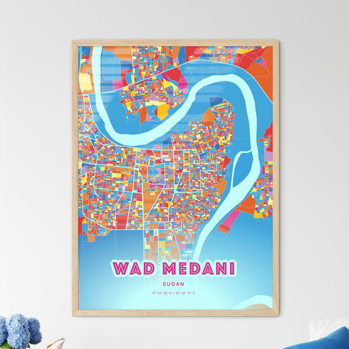 Colorful WAD MEDANI SUDAN Fine Art Map Crazy Colors
