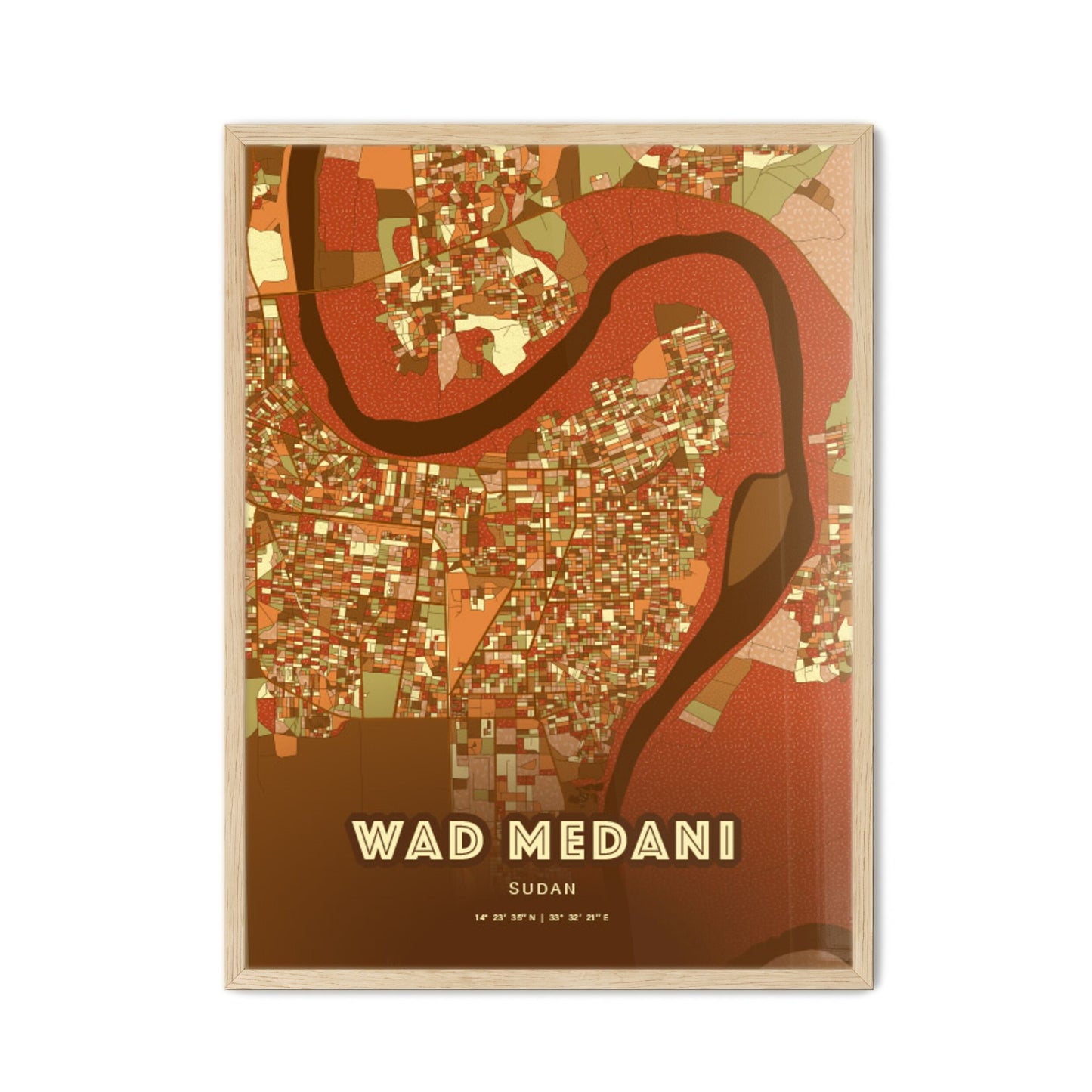 Colorful WAD MEDANI SUDAN Fine Art Map Farmhouse