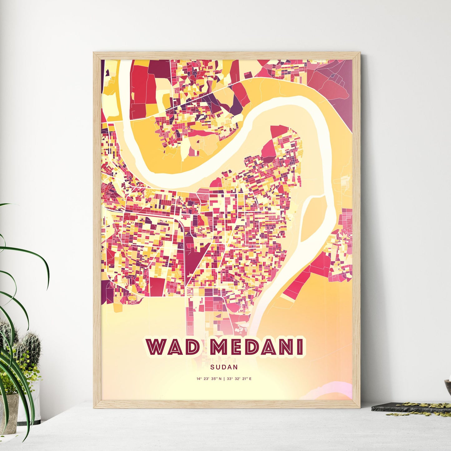 Colorful WAD MEDANI SUDAN Fine Art Map Hot Red