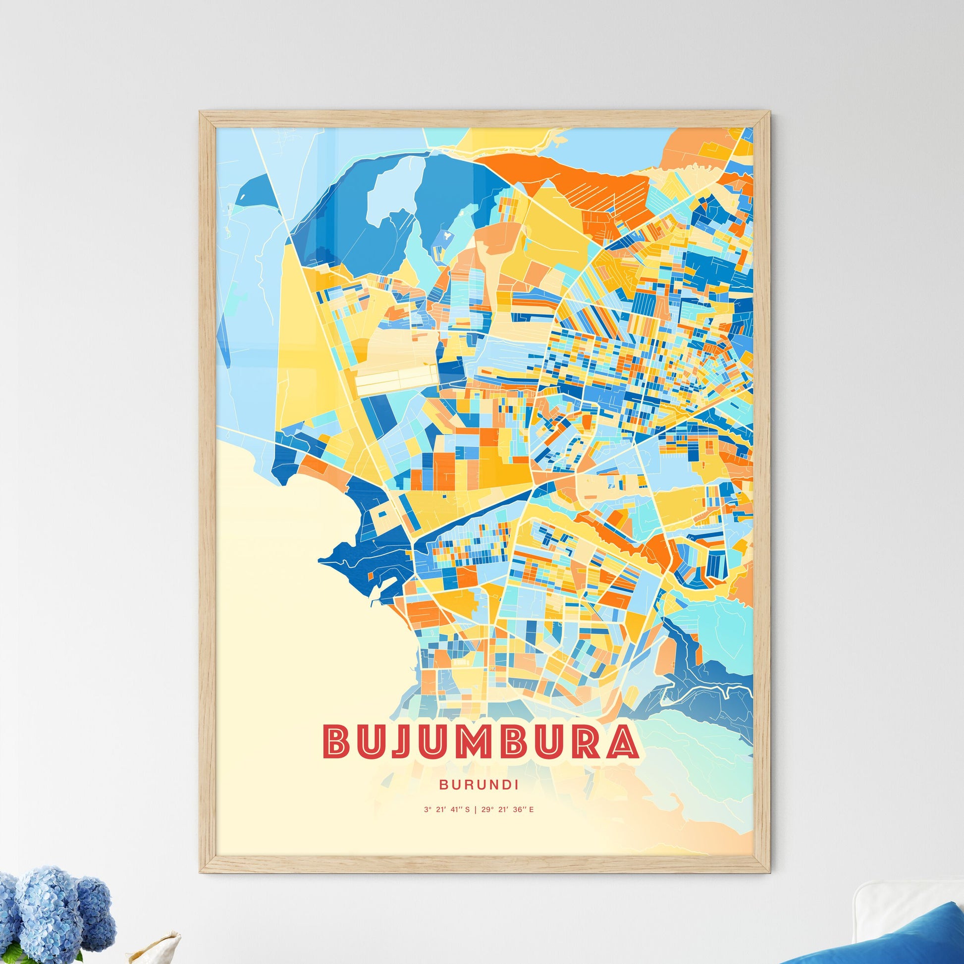 Colorful BUJUMBURA BURUNDI Fine Art Map Blue Orange