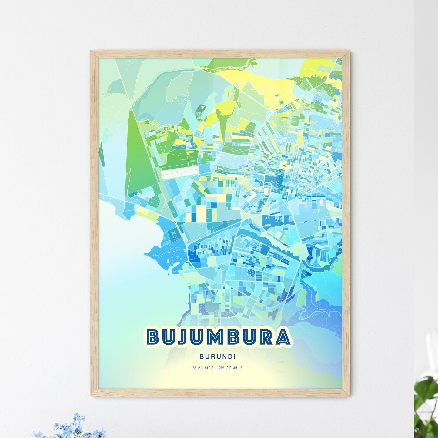 Colorful BUJUMBURA BURUNDI Fine Art Map Cool Blue