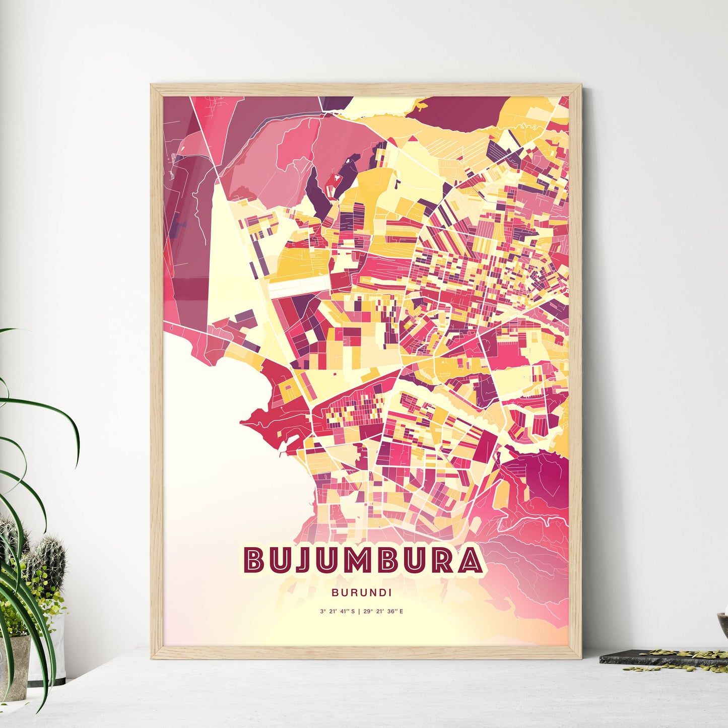 Colorful BUJUMBURA BURUNDI Fine Art Map Hot Red