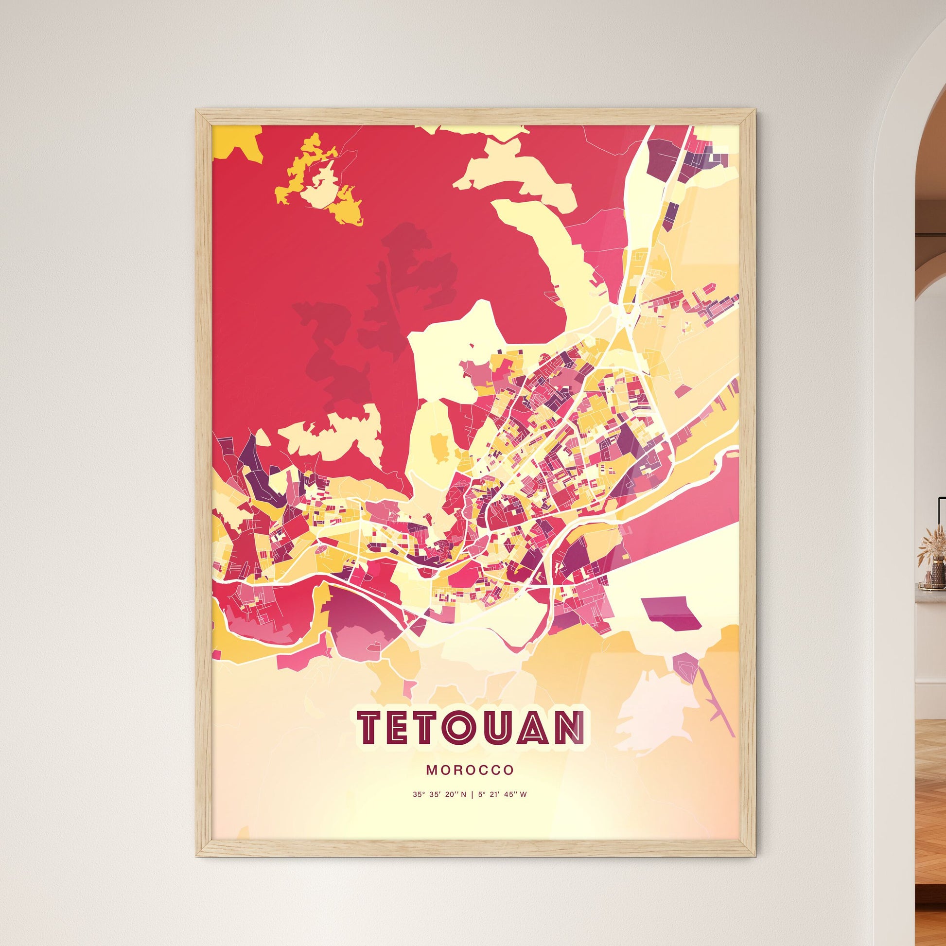 Colorful TETOUAN MOROCCO Fine Art Map Hot Red