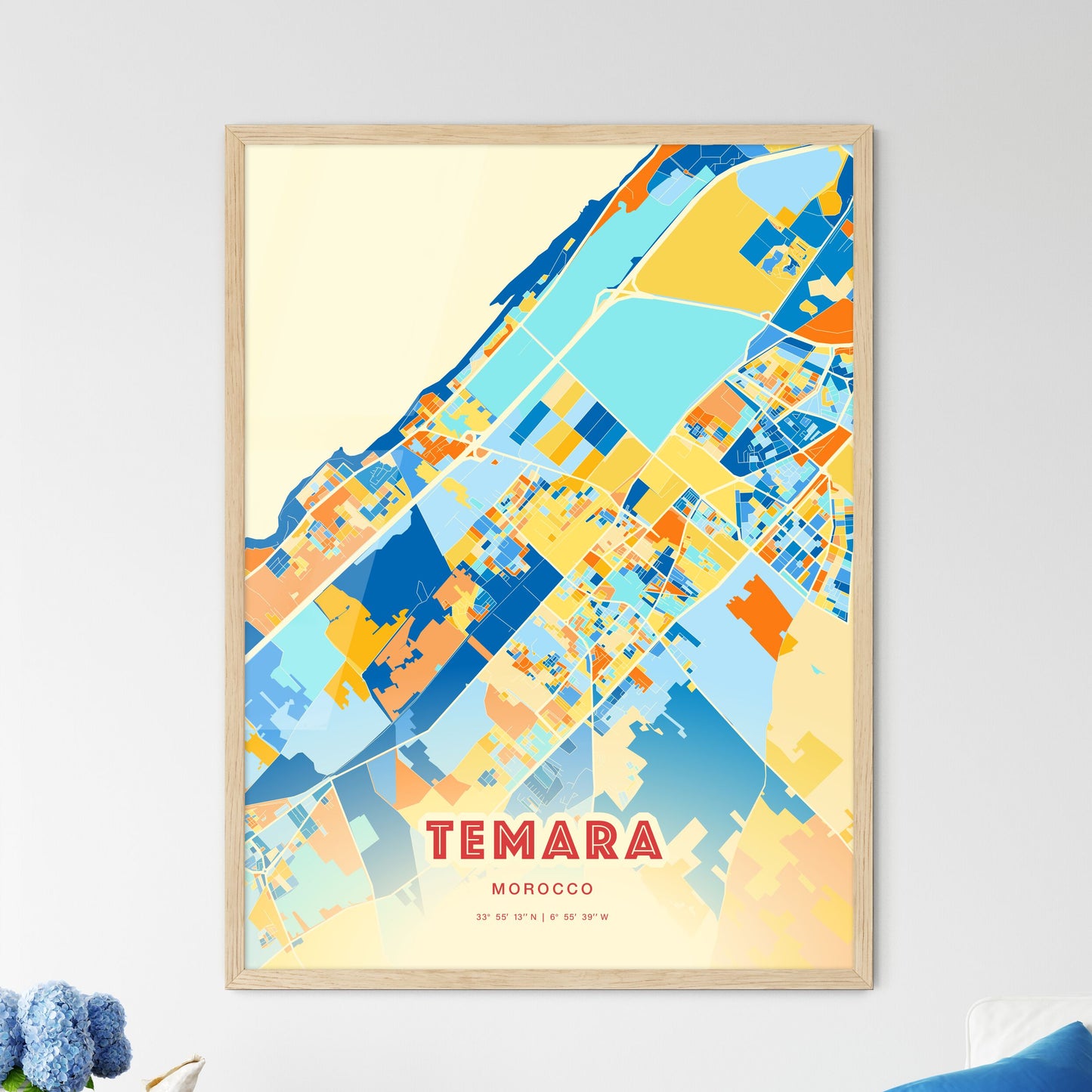 Colorful TEMARA MOROCCO Fine Art Map Blue Orange