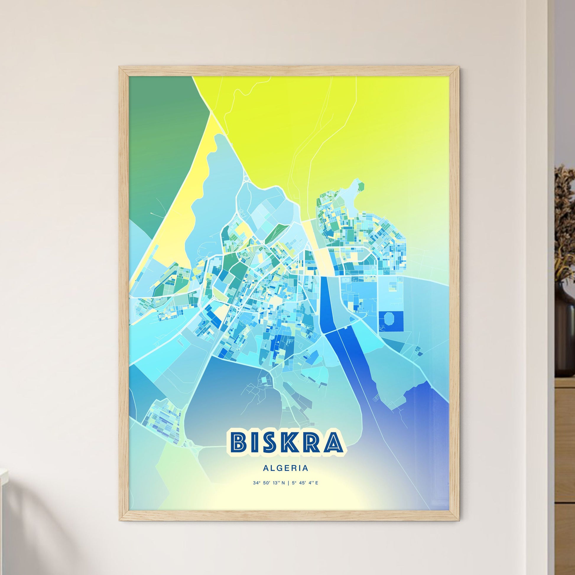 Colorful BISKRA ALGERIA Fine Art Map Cool Blue