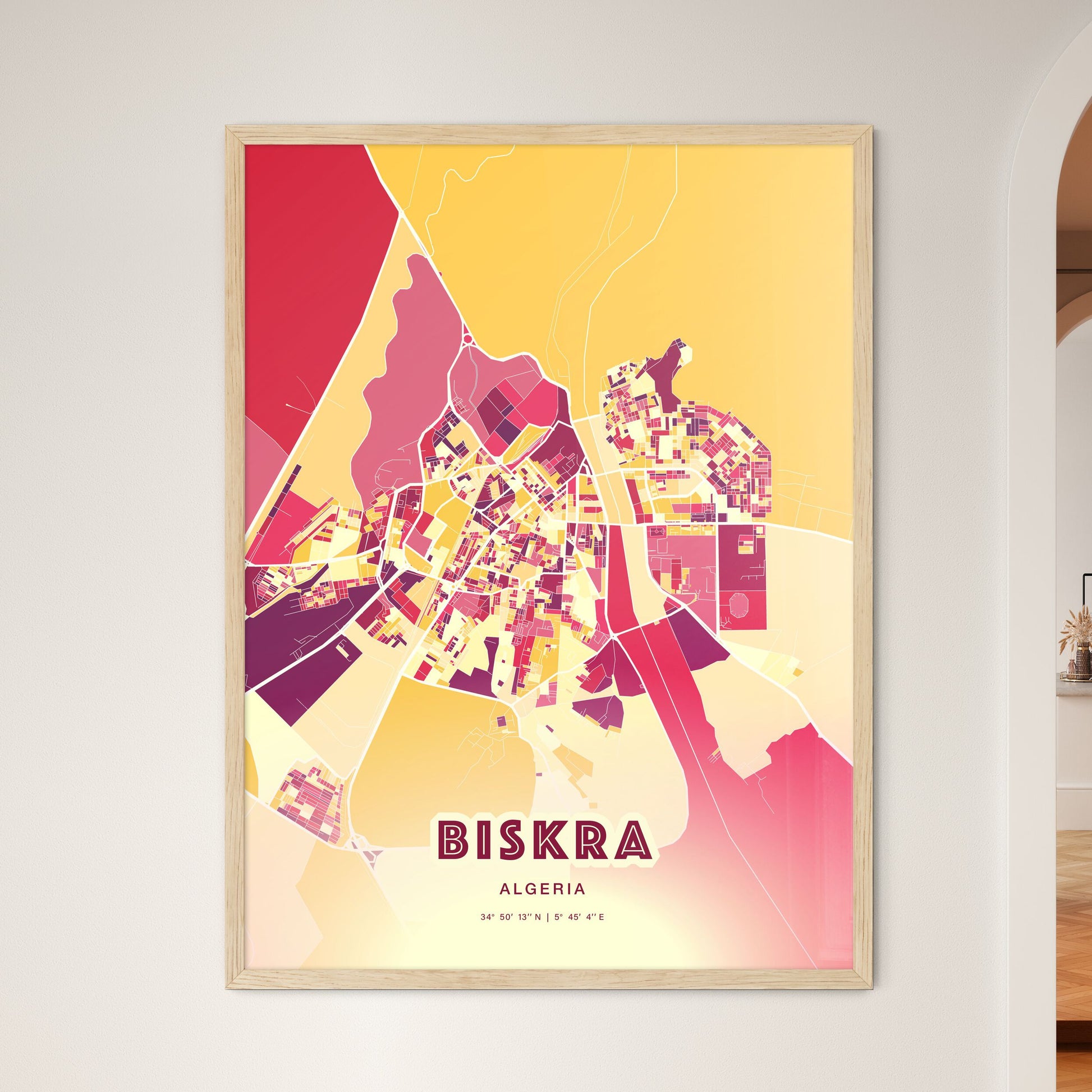 Colorful BISKRA ALGERIA Fine Art Map Hot Red