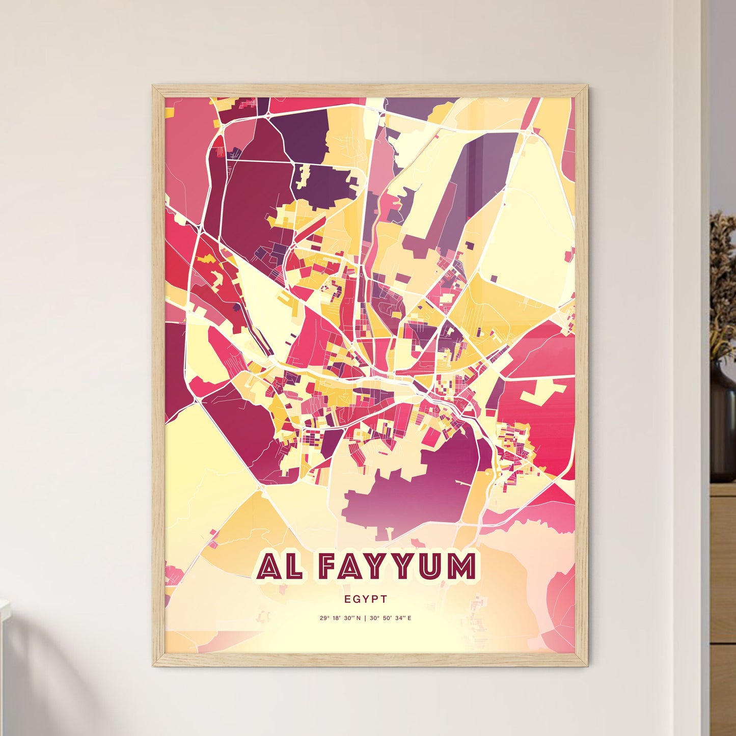 Colorful AL FAYYUM EGYPT Fine Art Map Hot Red