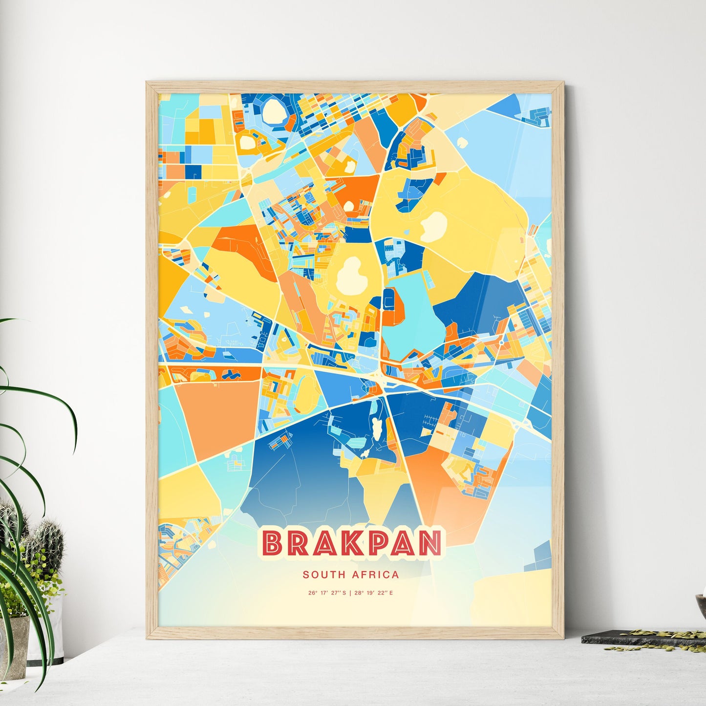 Colorful BRAKPAN SOUTH AFRICA Fine Art Map Blue Orange