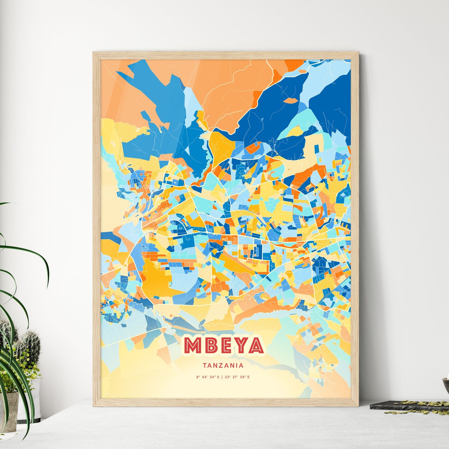 Colorful MBEYA TANZANIA Fine Art Map Blue Orange