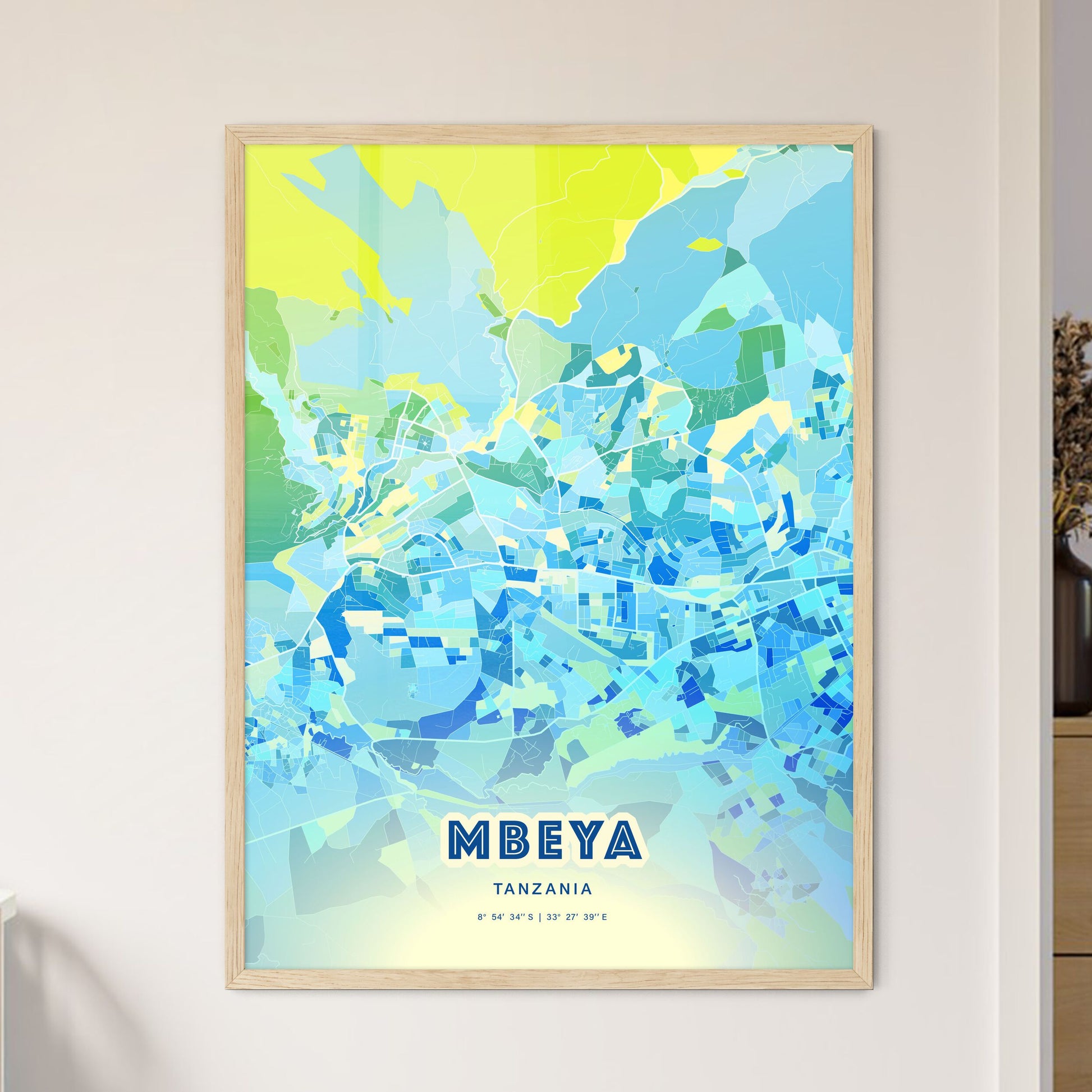 Colorful MBEYA TANZANIA Fine Art Map Cool Blue