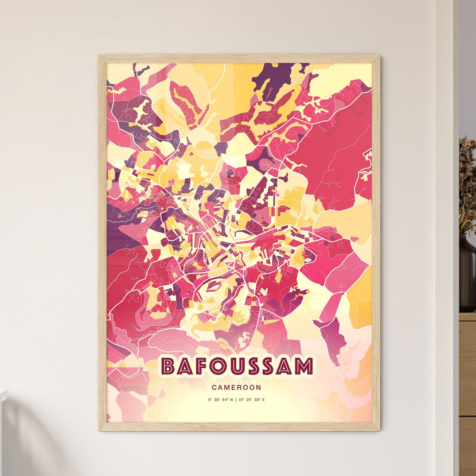 Colorful BAFOUSSAM CAMEROON Fine Art Map Hot Red