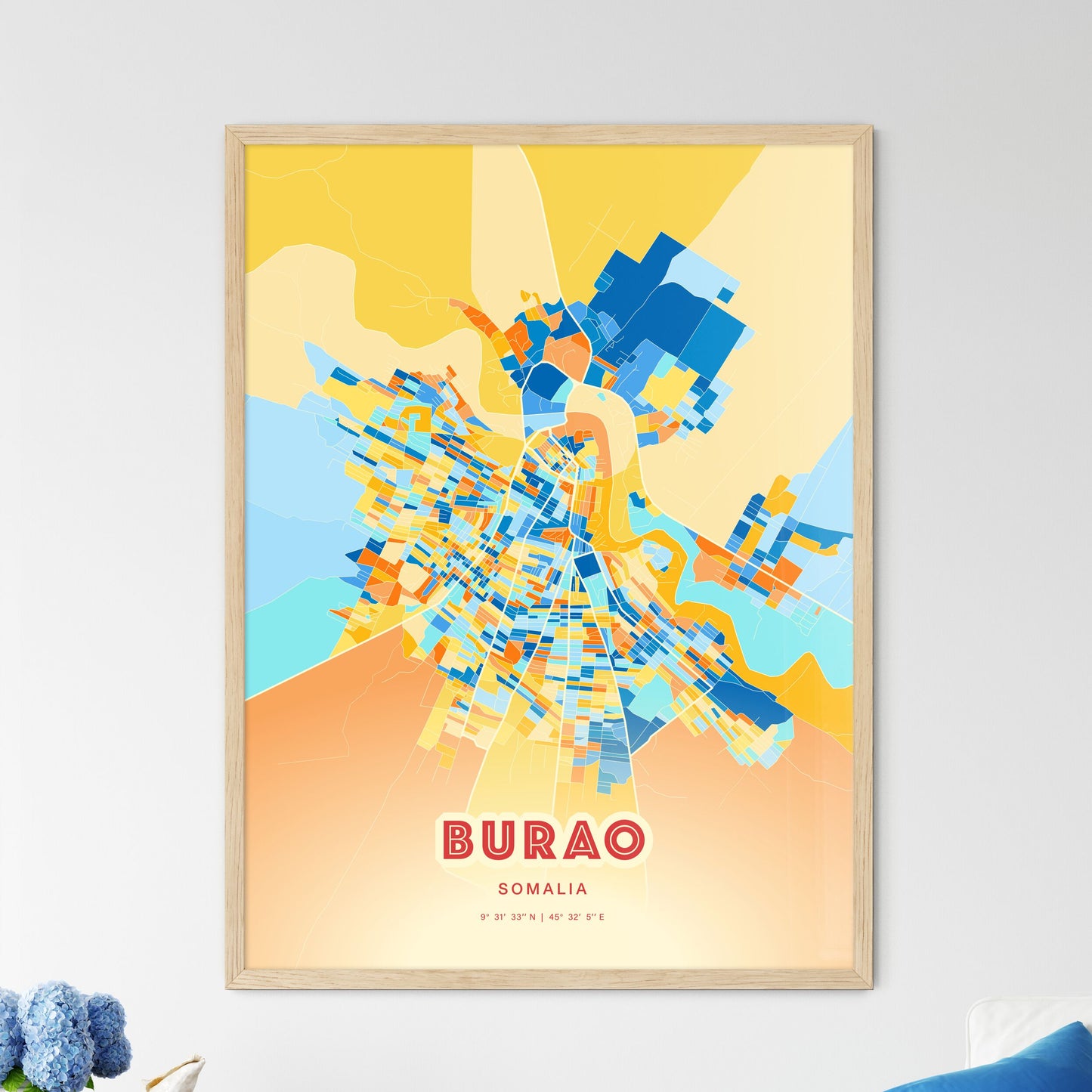 Colorful BURAO SOMALIA Fine Art Map Blue Orange