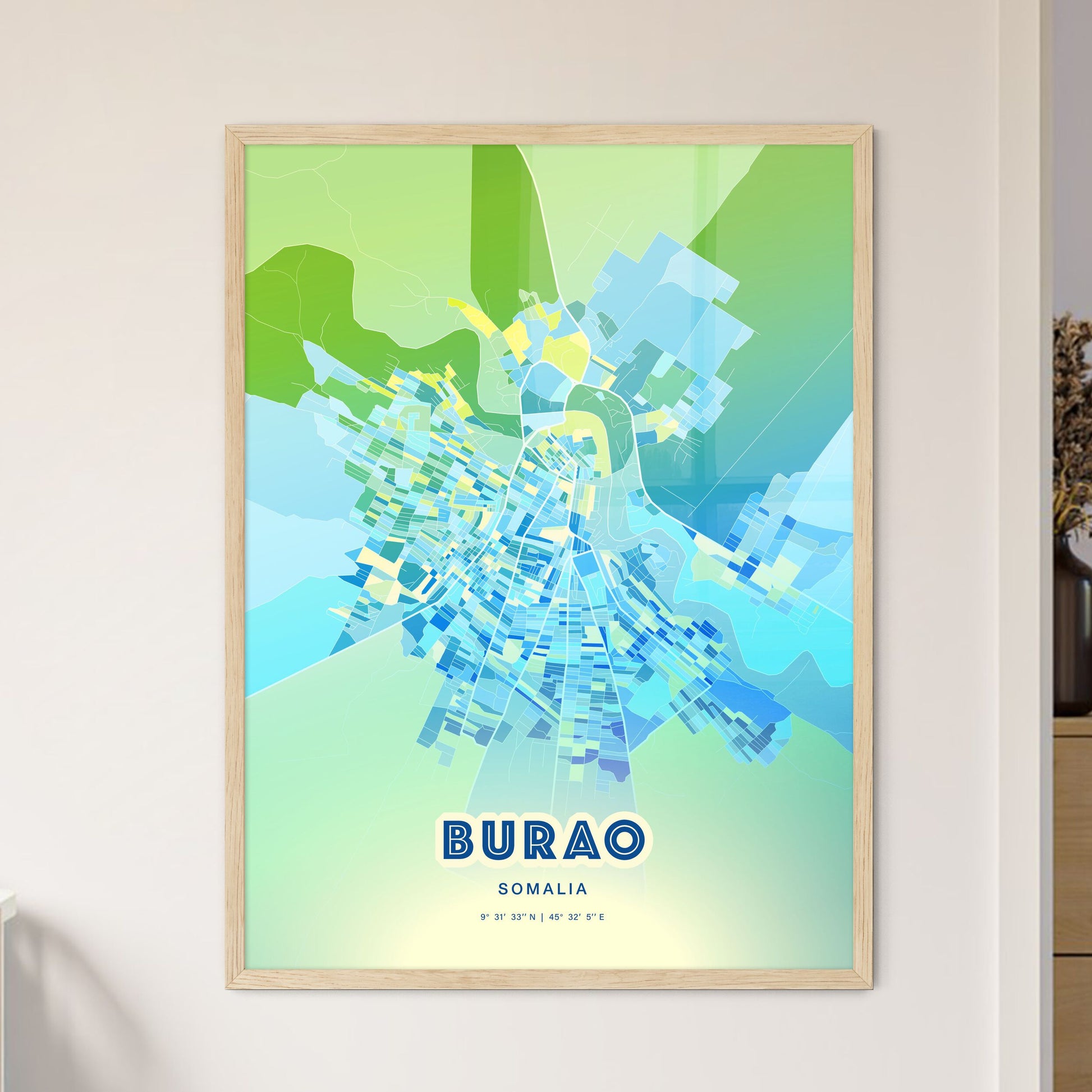 Colorful BURAO SOMALIA Fine Art Map Cool Blue