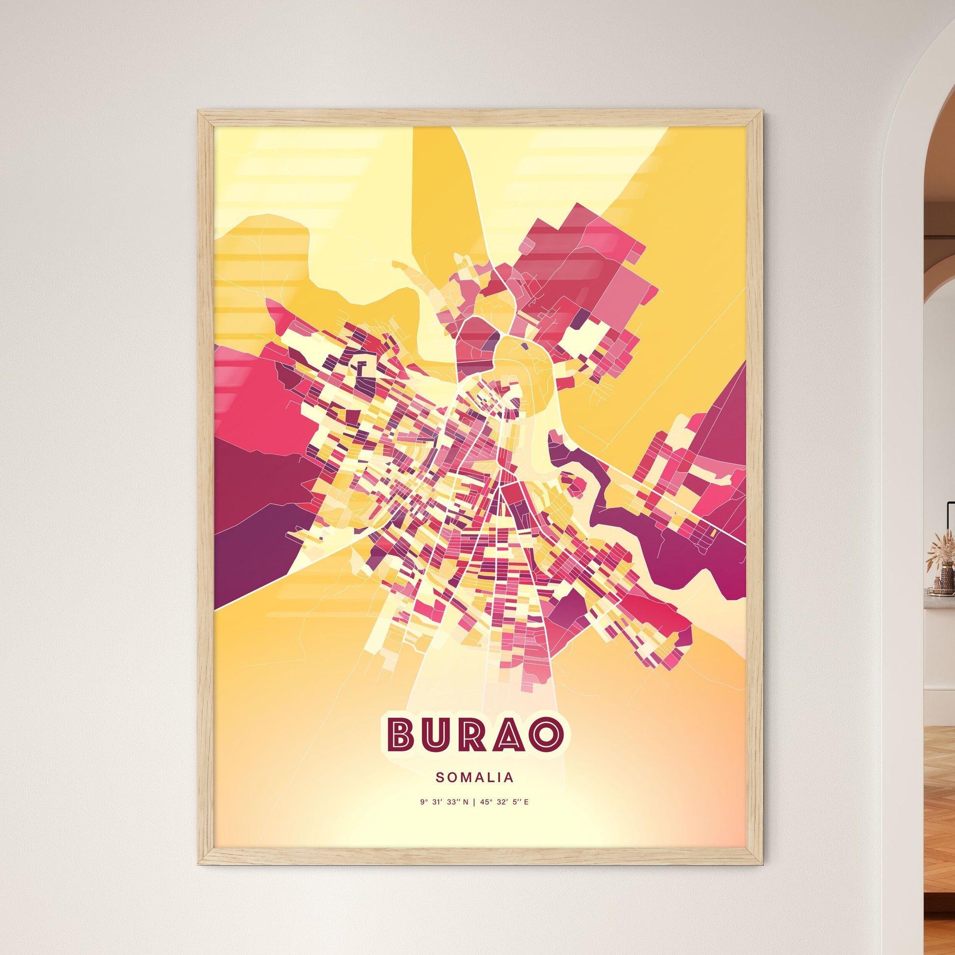 Colorful BURAO SOMALIA Fine Art Map Hot Red