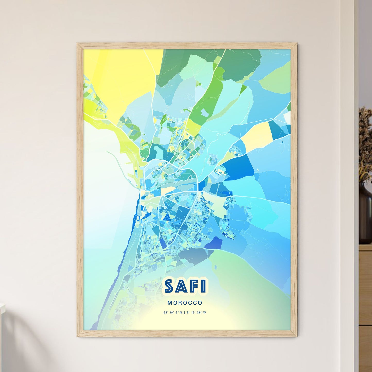 Colorful SAFI MOROCCO Fine Art Map Cool Blue