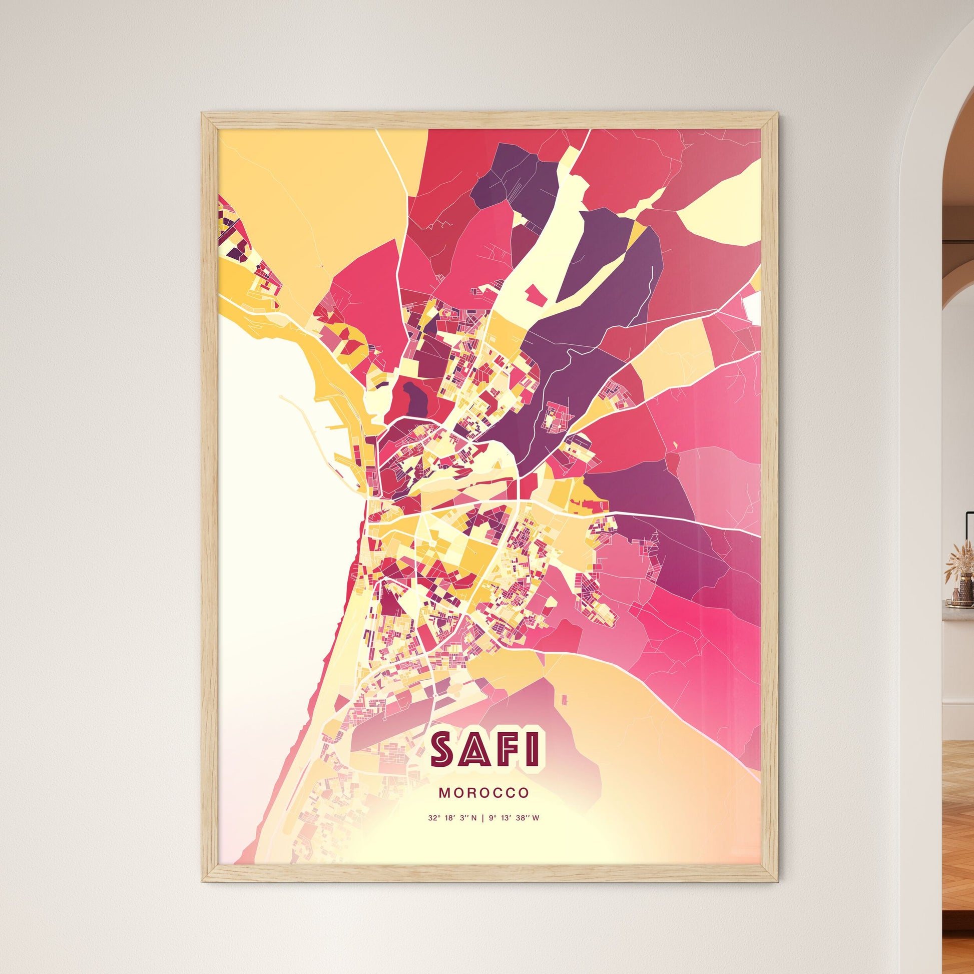 Colorful SAFI MOROCCO Fine Art Map Hot Red