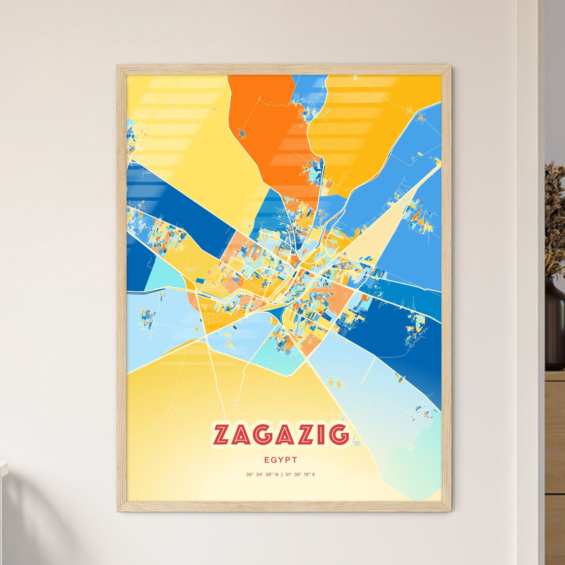 Colorful ZAGAZIG EGYPT Fine Art Map Blue Orange