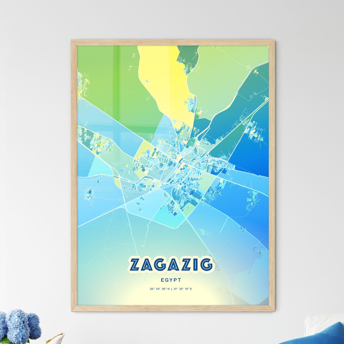 Colorful ZAGAZIG EGYPT Fine Art Map Cool Blue