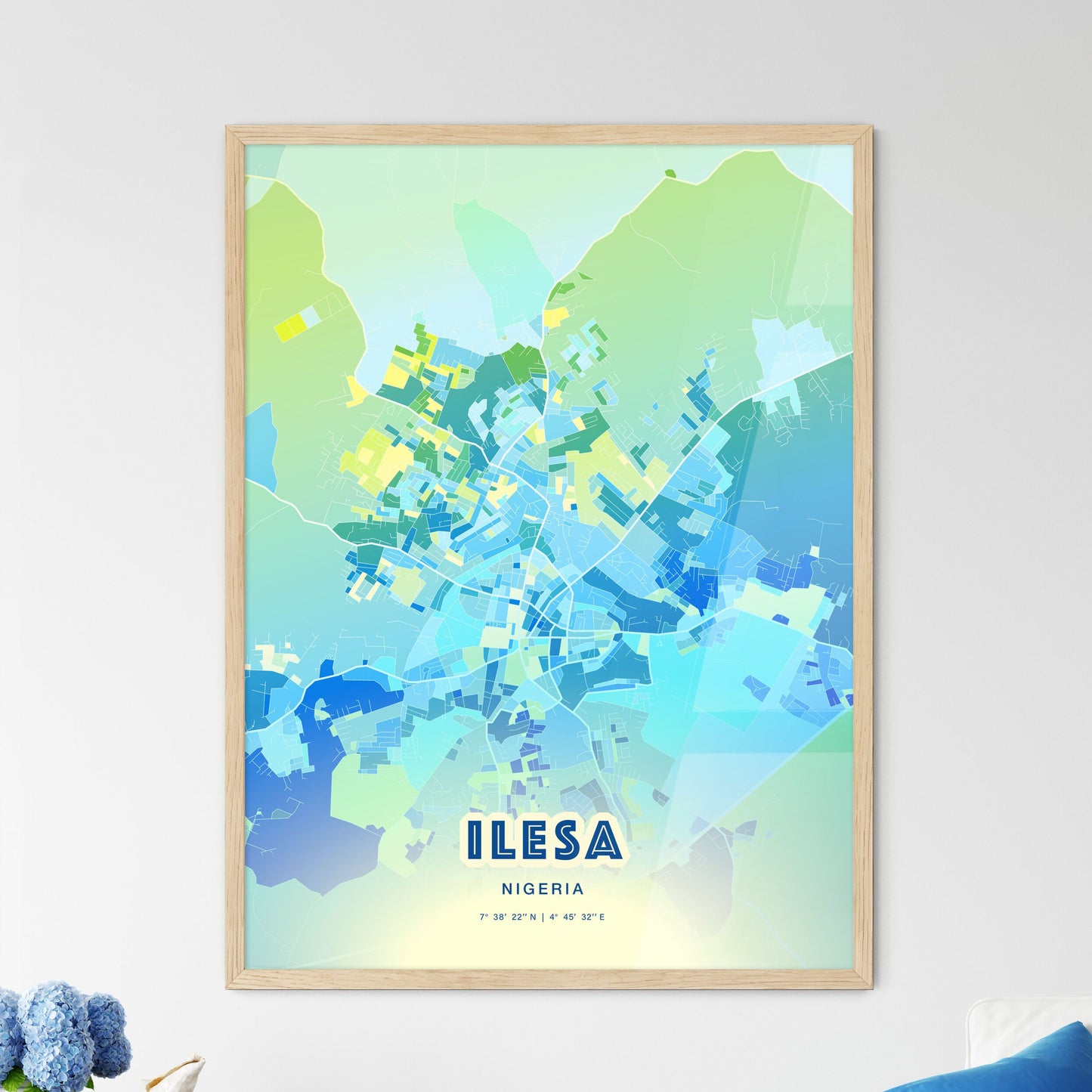 Colorful ILESA NIGERIA Fine Art Map Cool Blue