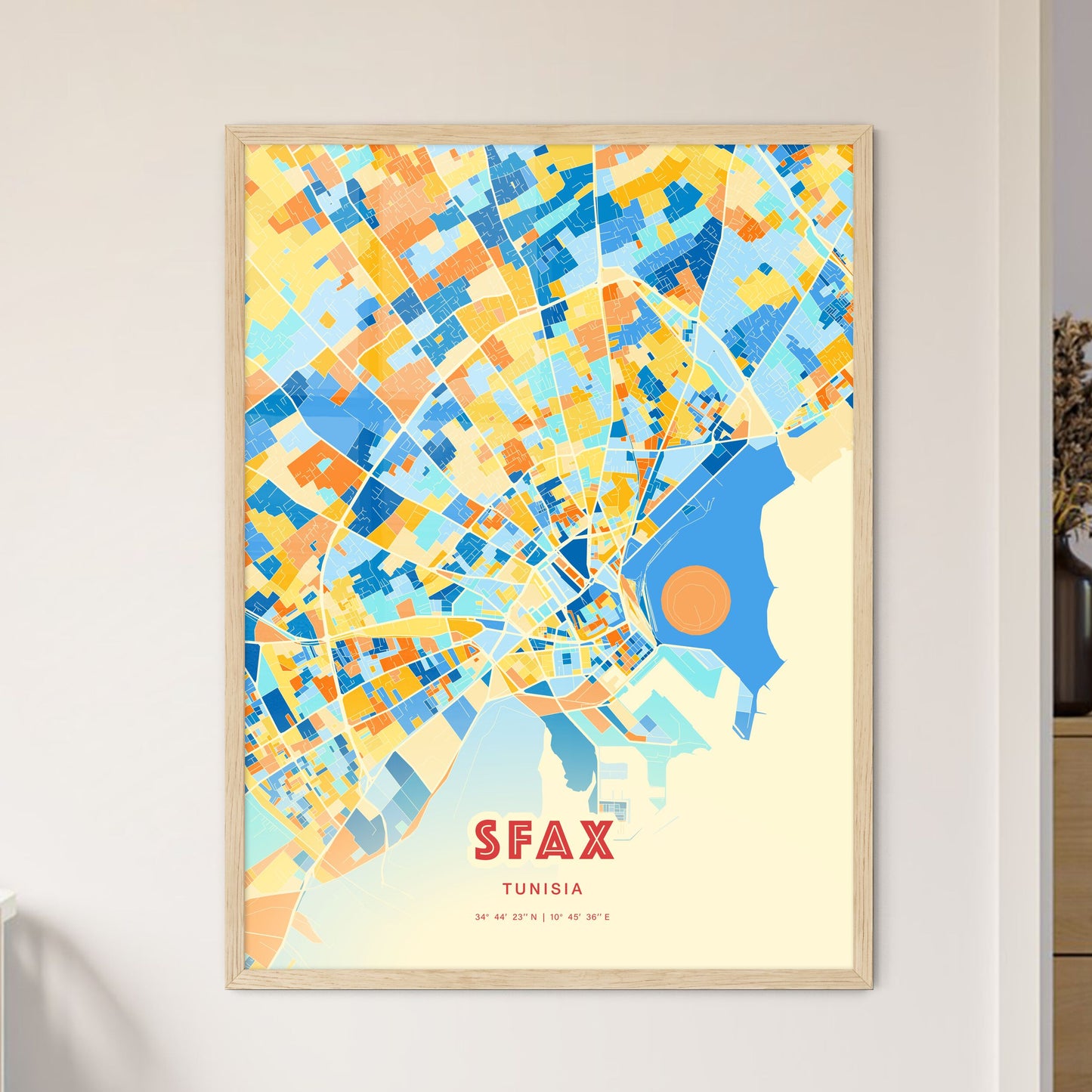 Colorful SFAX TUNISIA Fine Art Map Blue Orange