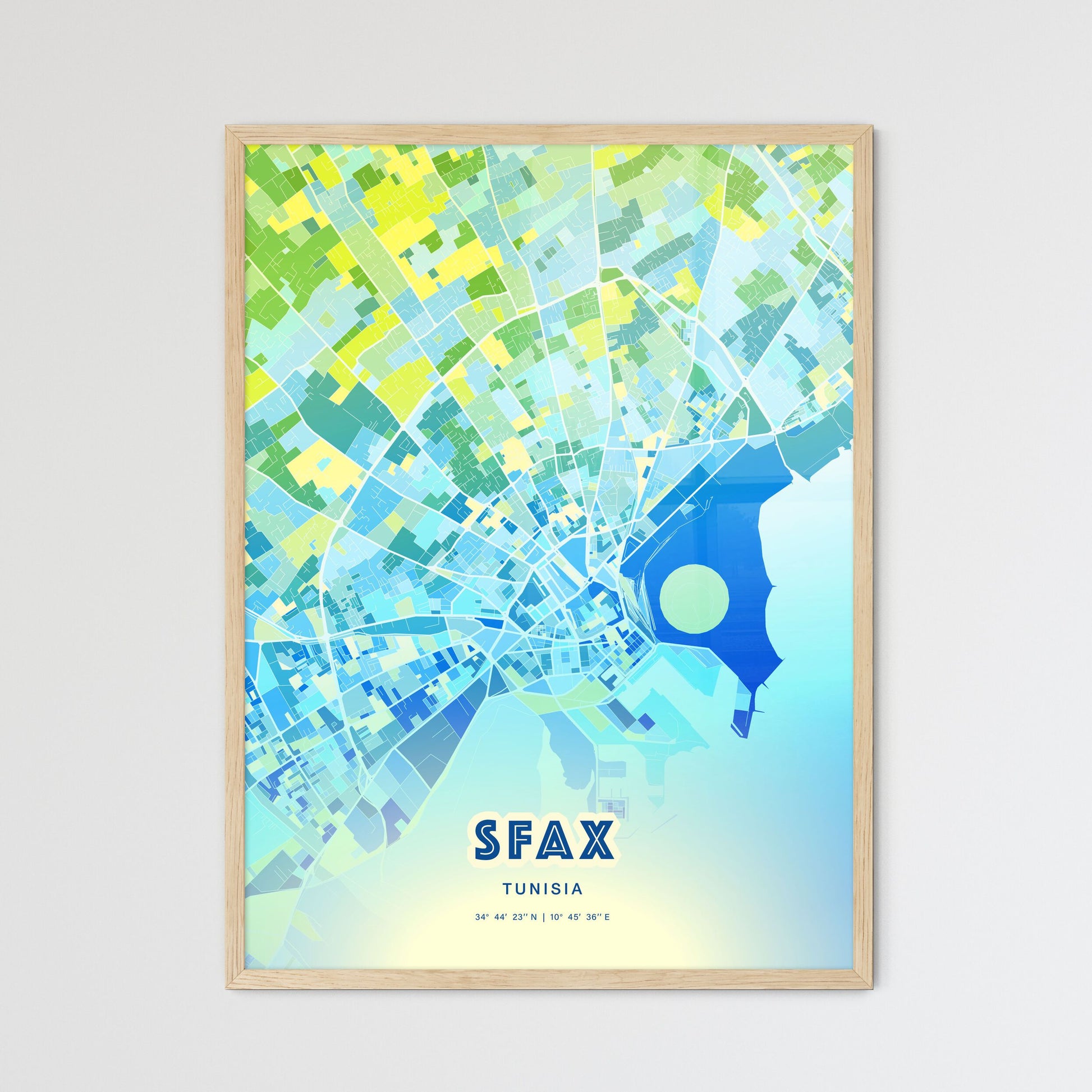 Colorful SFAX TUNISIA Fine Art Map Cool Blue