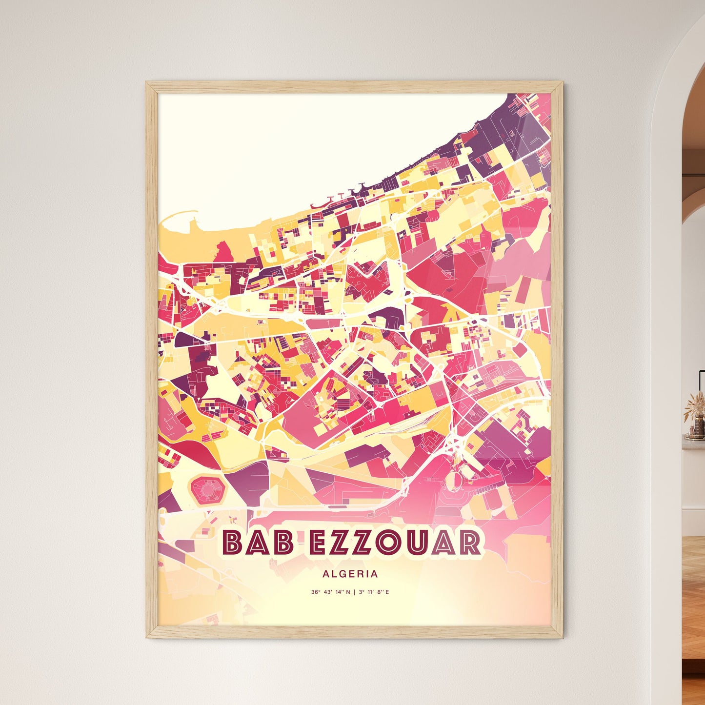 Colorful BAB EZZOUAR ALGERIA Fine Art Map Hot Red