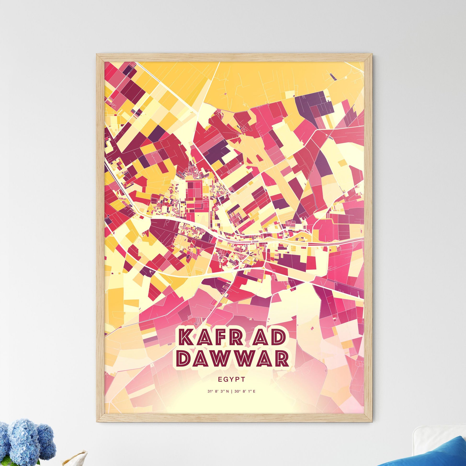 Colorful KAFR AD DAWWAR EGYPT Fine Art Map Hot Red