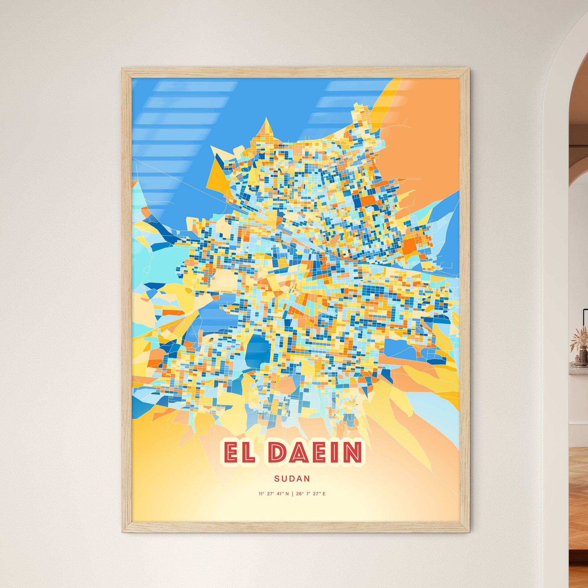 Colorful EL DAEIN SUDAN Fine Art Map Blue Orange