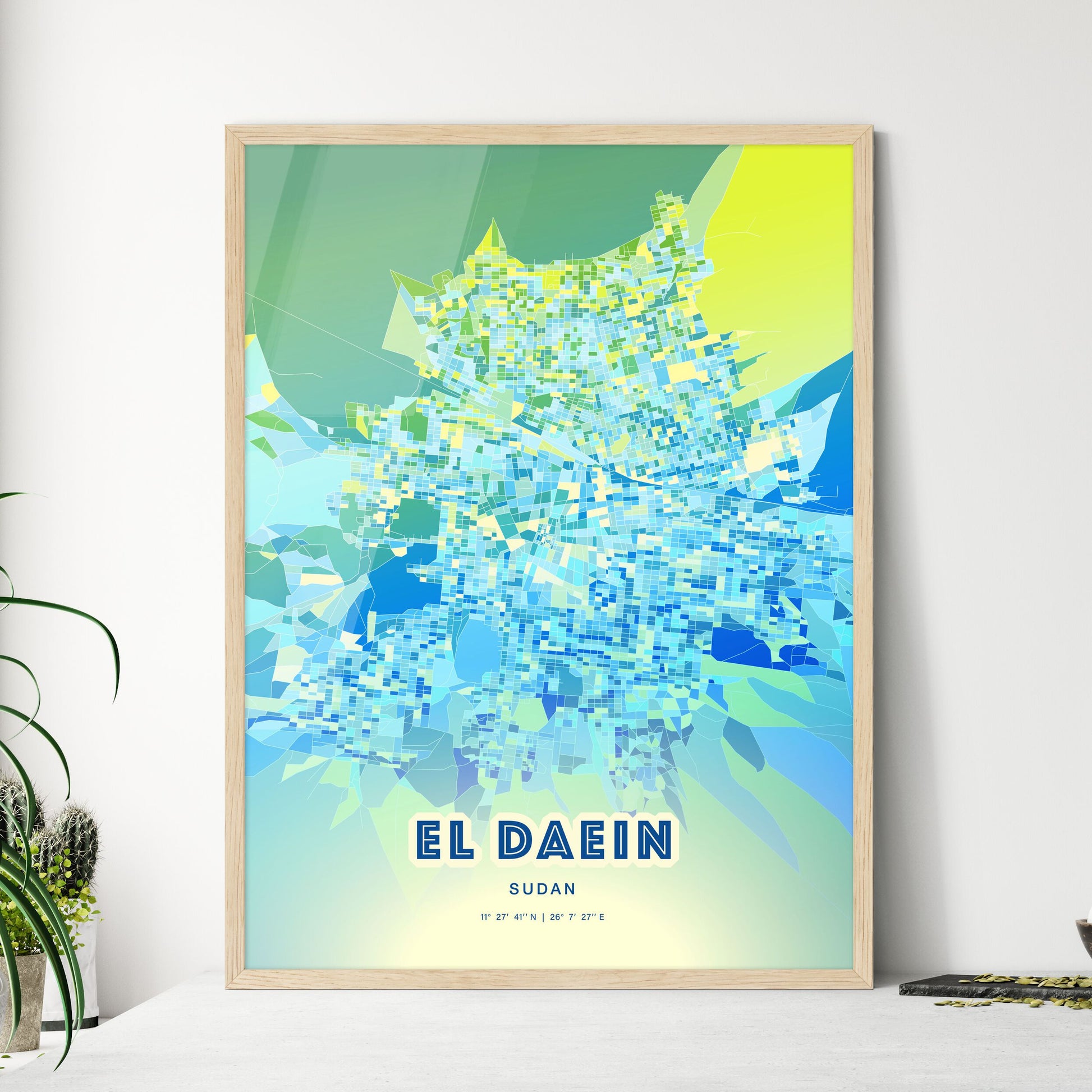 Colorful EL DAEIN SUDAN Fine Art Map Cool Blue