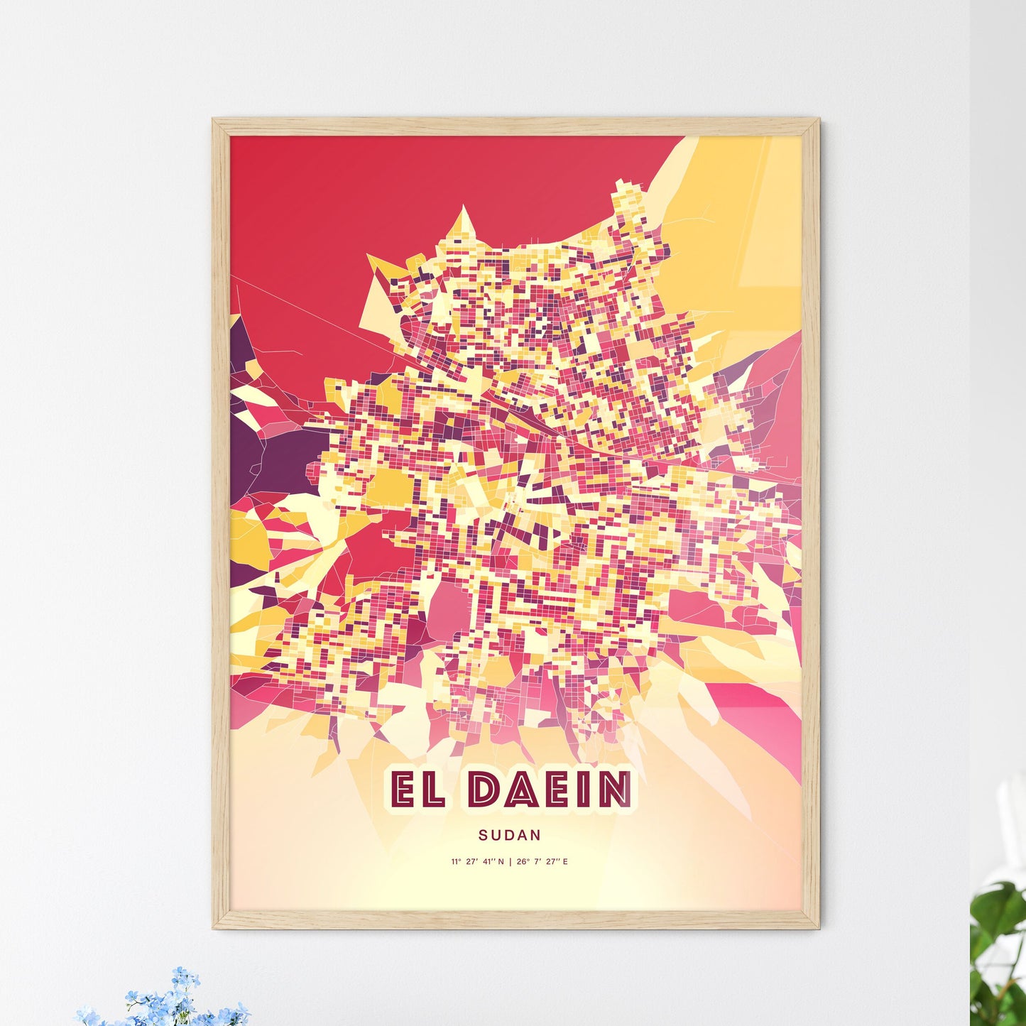 Colorful EL DAEIN SUDAN Fine Art Map Hot Red