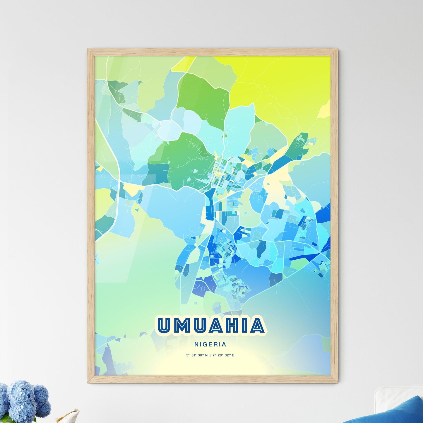 Colorful UMUAHIA NIGERIA Fine Art Map Cool Blue