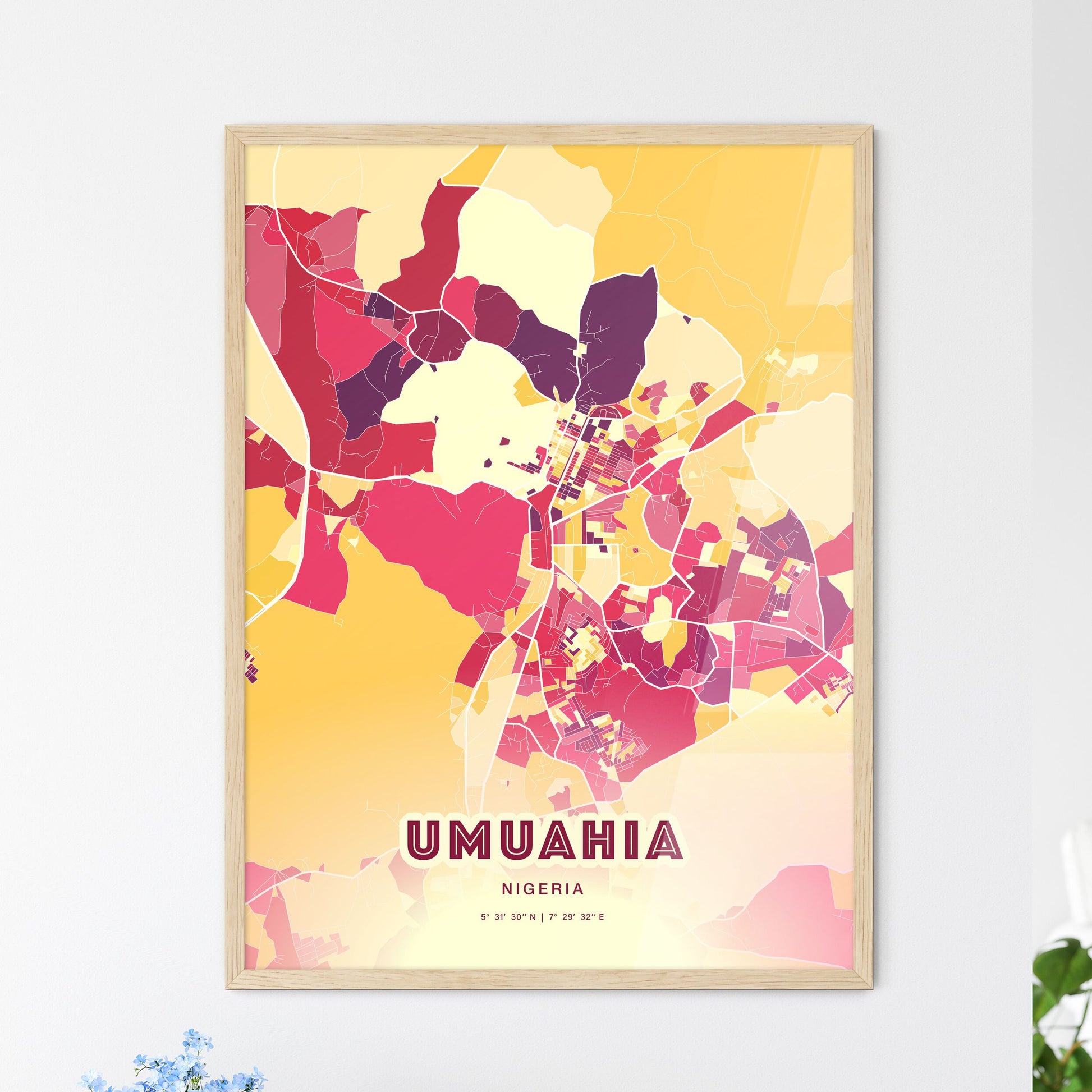 Colorful UMUAHIA NIGERIA Fine Art Map Hot Red