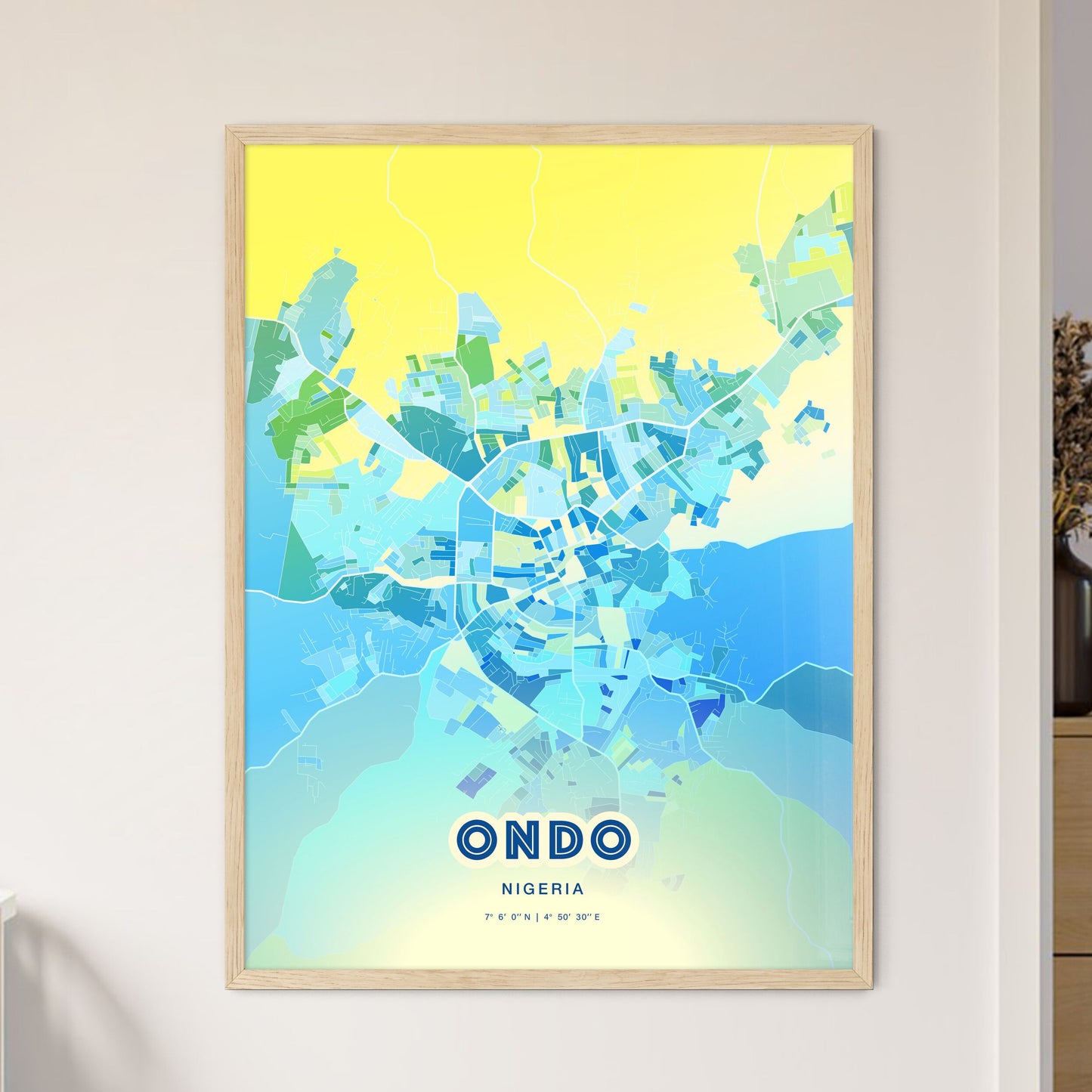 Colorful ONDO NIGERIA Fine Art Map Cool Blue