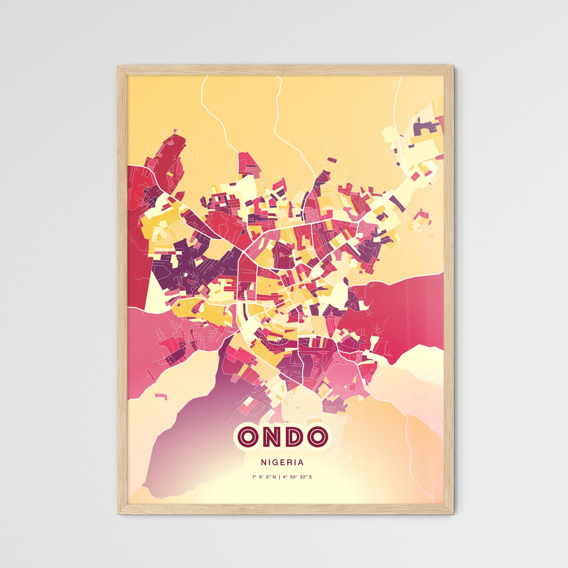 Colorful ONDO NIGERIA Fine Art Map Hot Red