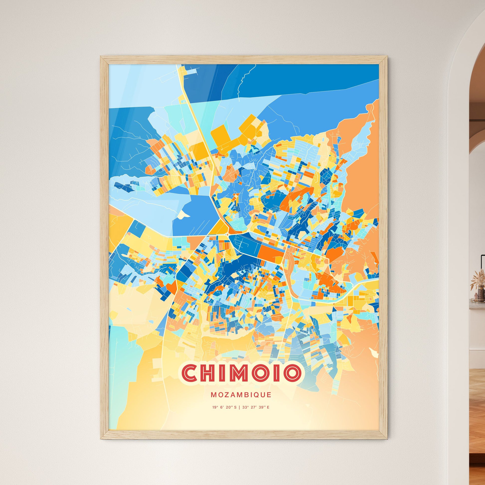 Colorful CHIMOIO MOZAMBIQUE Fine Art Map Blue Orange