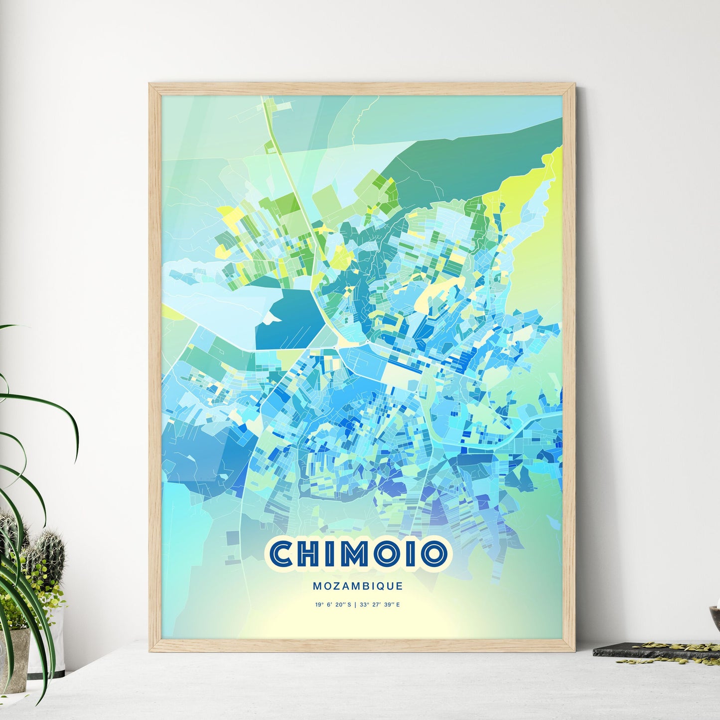 Colorful CHIMOIO MOZAMBIQUE Fine Art Map Cool Blue