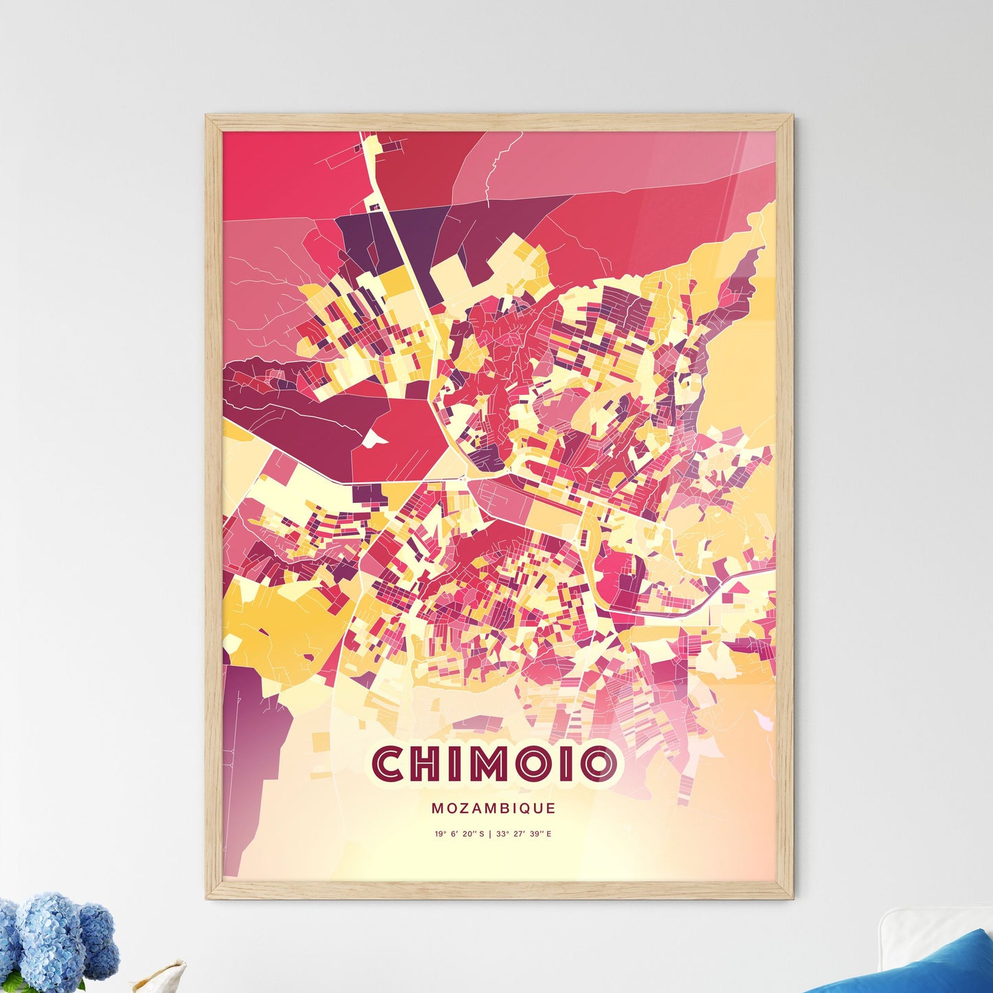 Colorful CHIMOIO MOZAMBIQUE Fine Art Map Hot Red