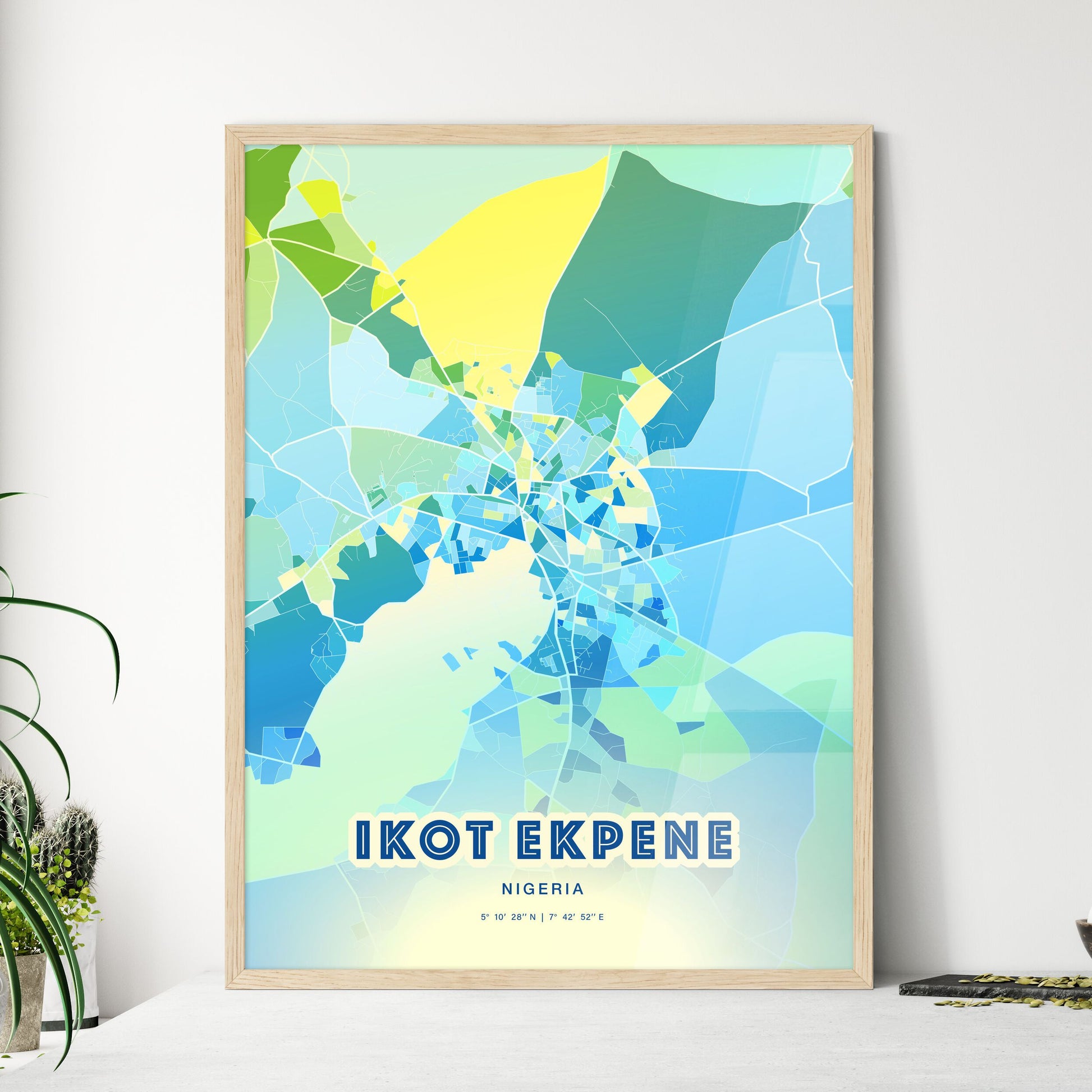 Colorful IKOT EKPENE NIGERIA Fine Art Map Cool Blue