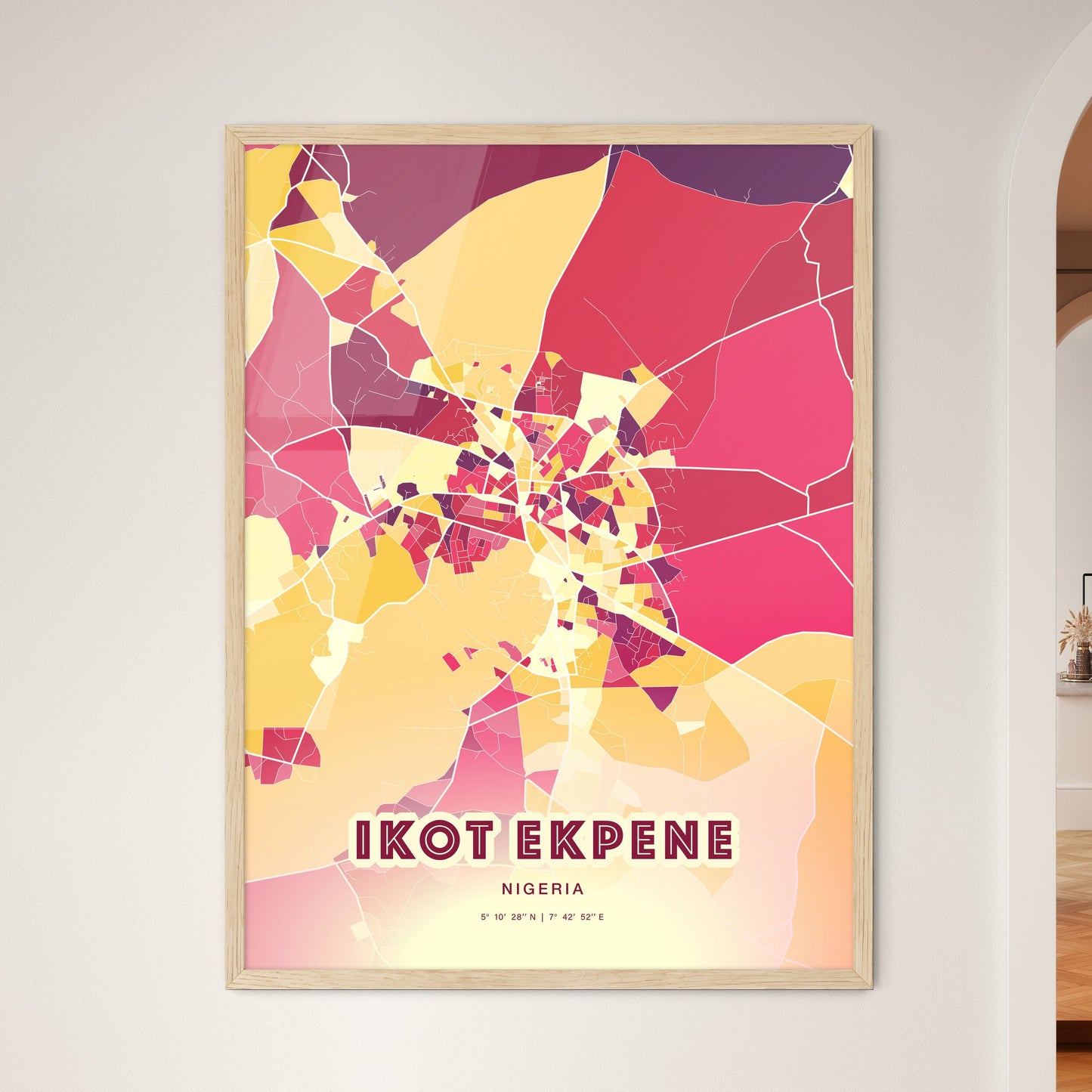 Colorful IKOT EKPENE NIGERIA Fine Art Map Hot Red