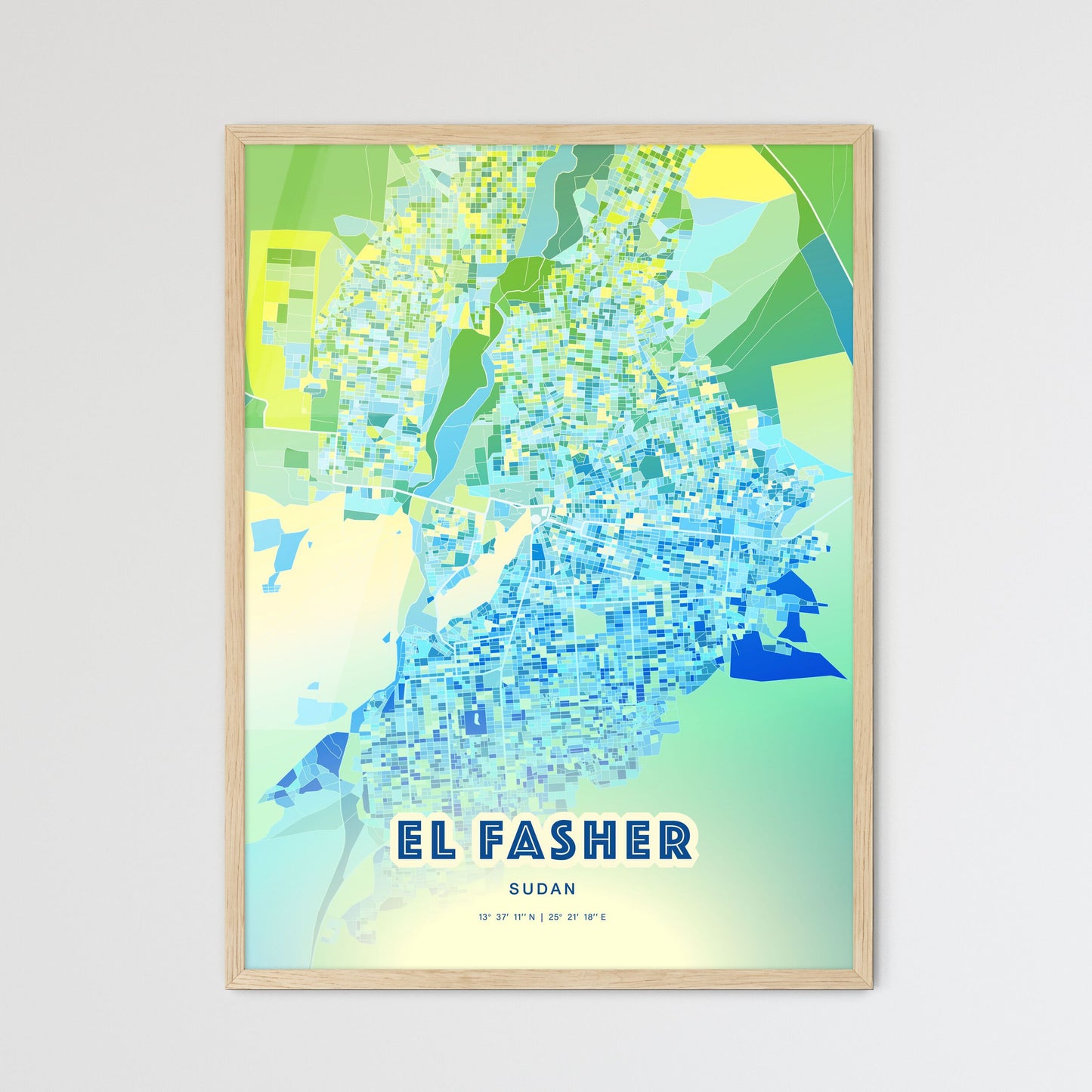 Colorful EL FASHER SUDAN Fine Art Map Cool Blue