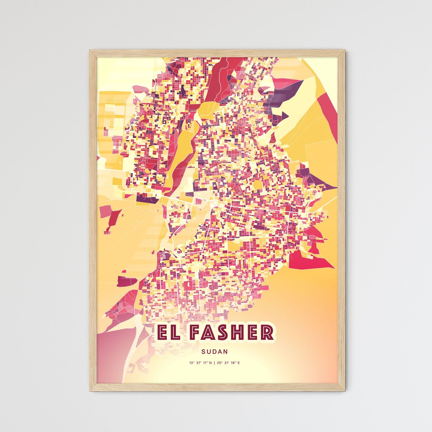 Colorful EL FASHER SUDAN Fine Art Map Hot Red