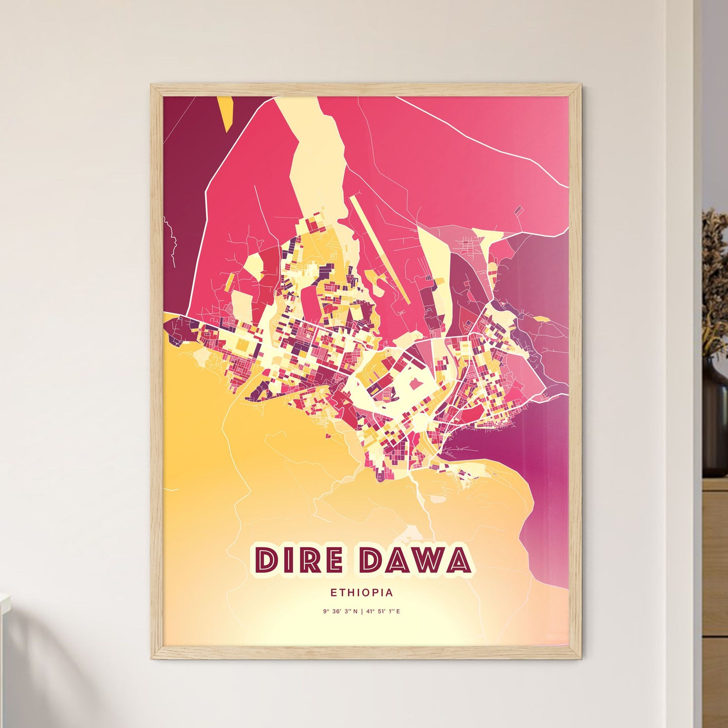 Colorful DIRE DAWA ETHIOPIA Fine Art Map Hot Red