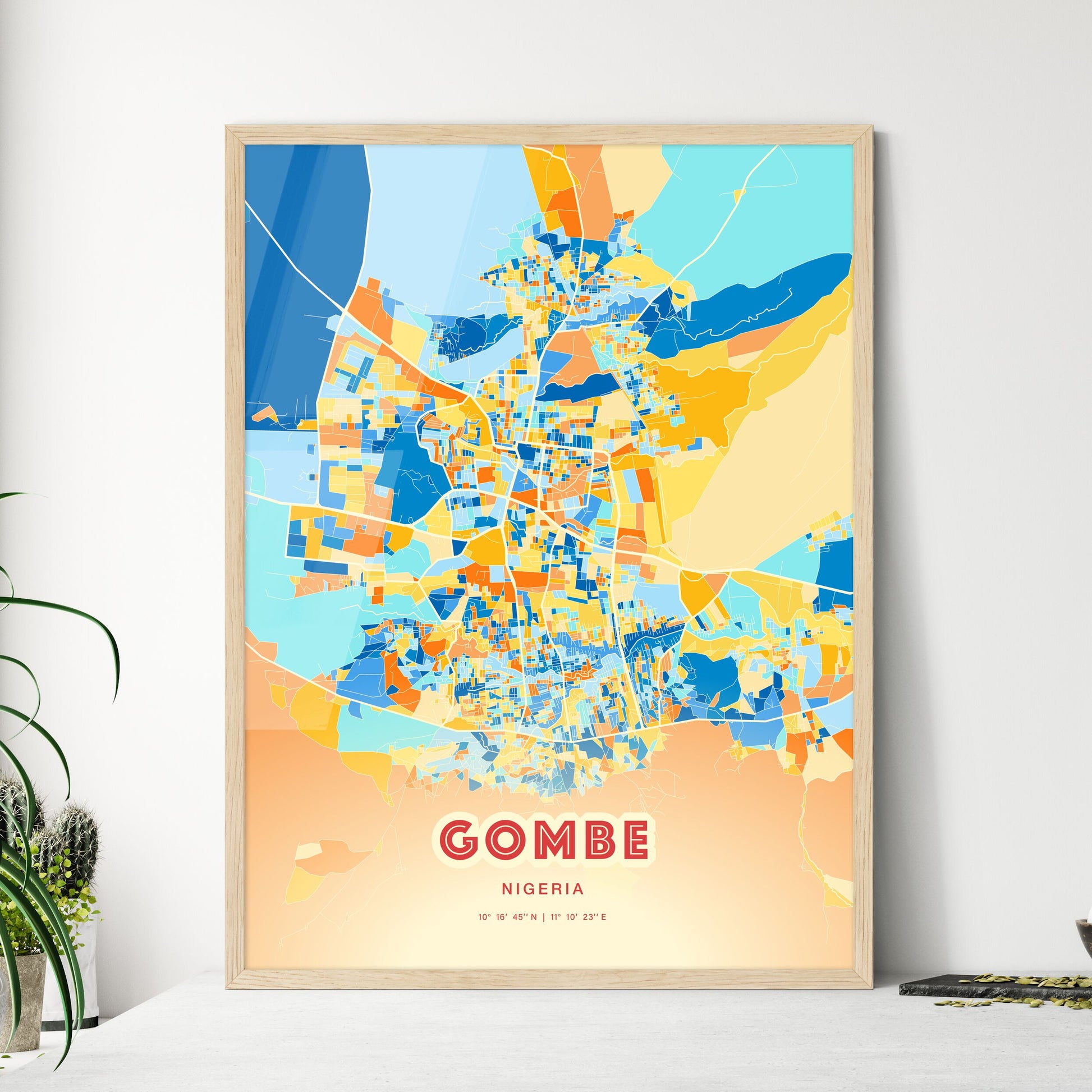 Colorful GOMBE NIGERIA Fine Art Map Blue Orange