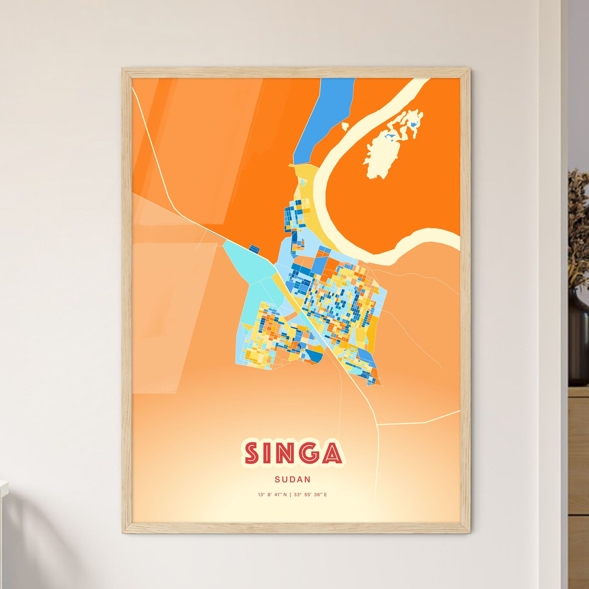 Colorful SINGA SUDAN Fine Art Map Blue Orange