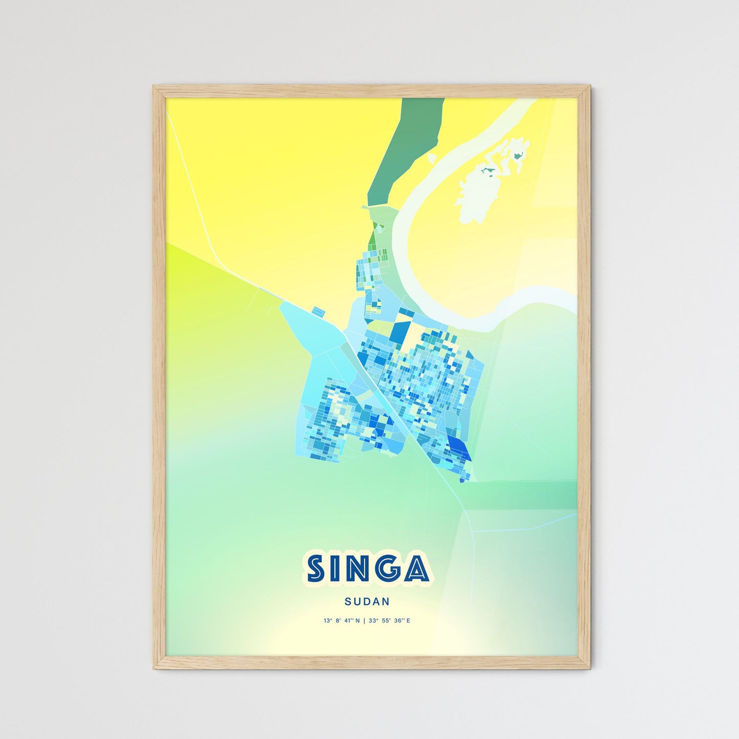 Colorful SINGA SUDAN Fine Art Map Cool Blue