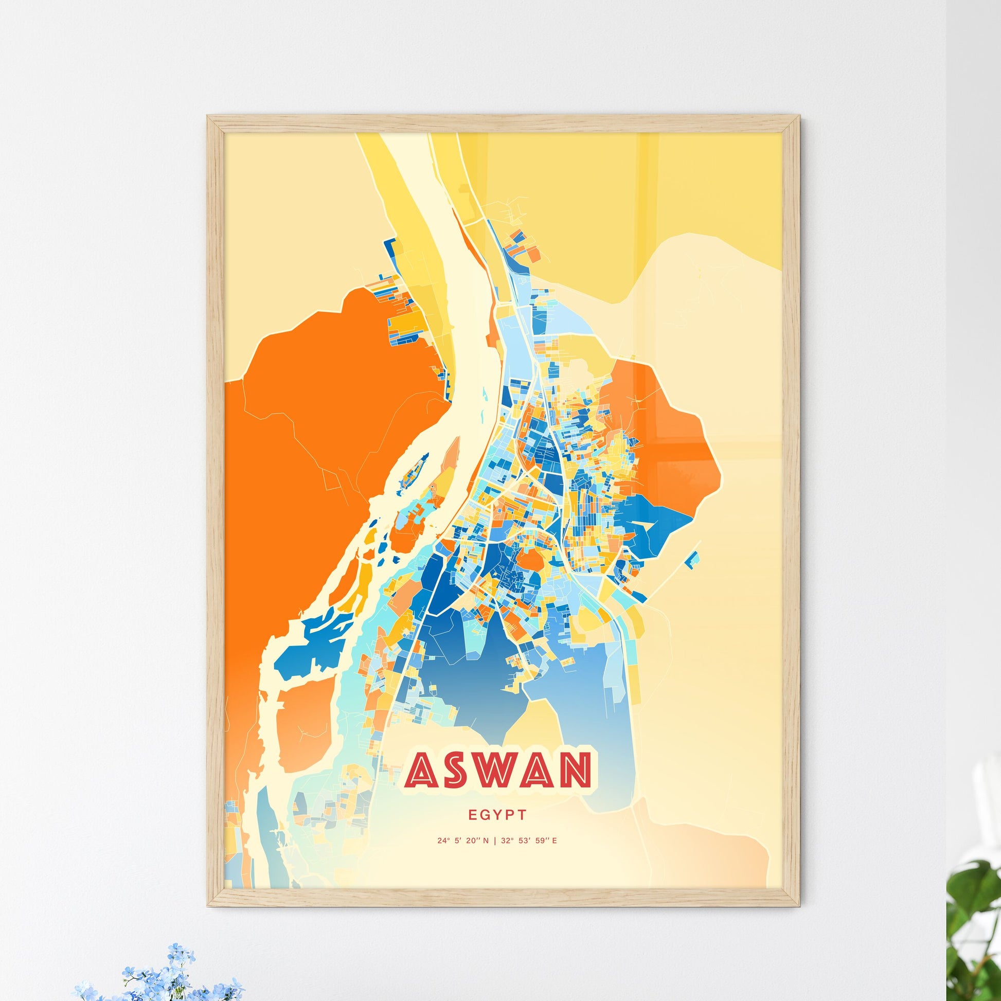 Colorful ASWAN EGYPT Fine Art Map Blue Orange