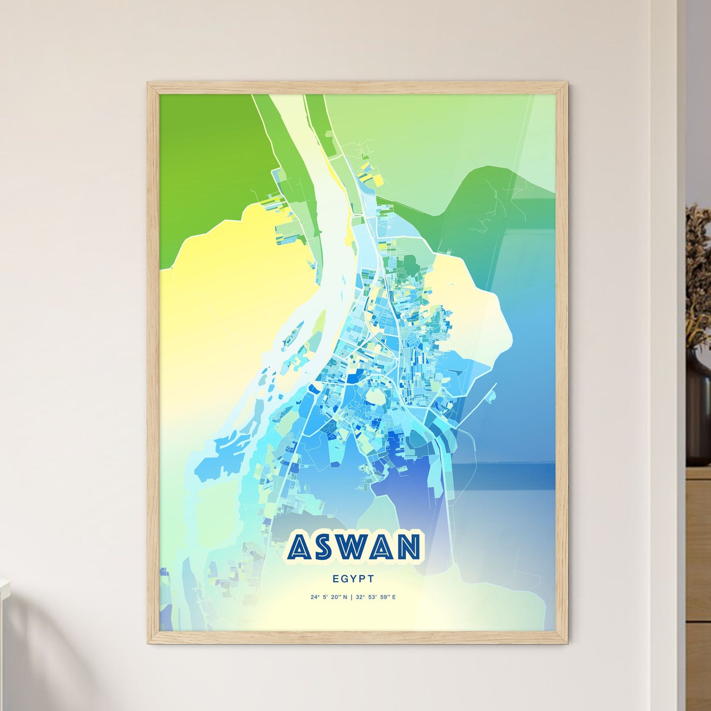 Colorful ASWAN EGYPT Fine Art Map Cool Blue