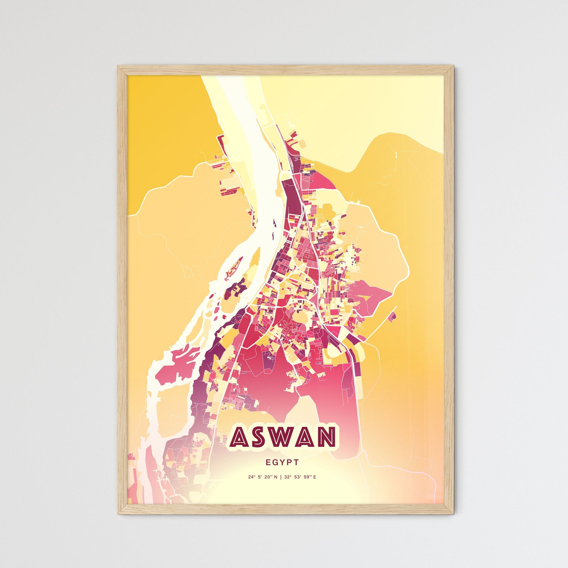 Colorful ASWAN EGYPT Fine Art Map Hot Red