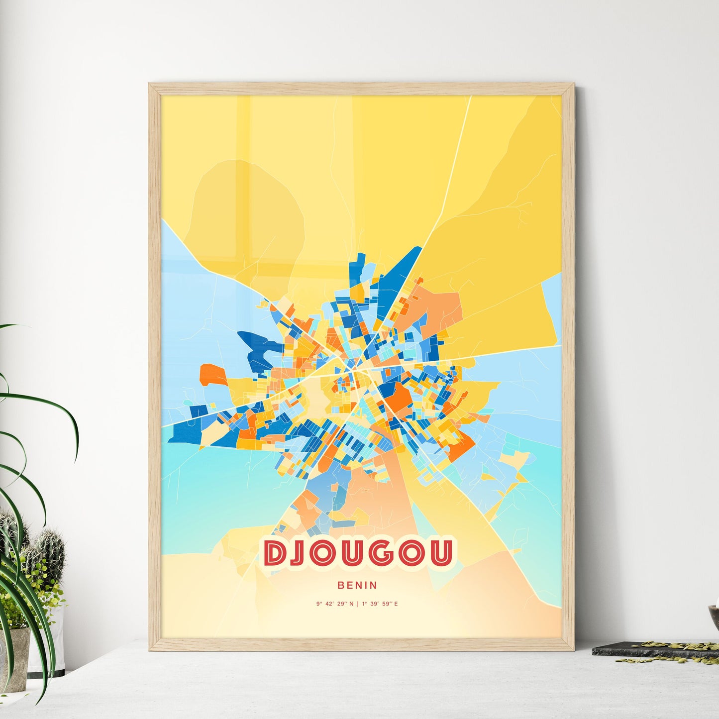 Colorful DJOUGOU BENIN Fine Art Map Blue Orange